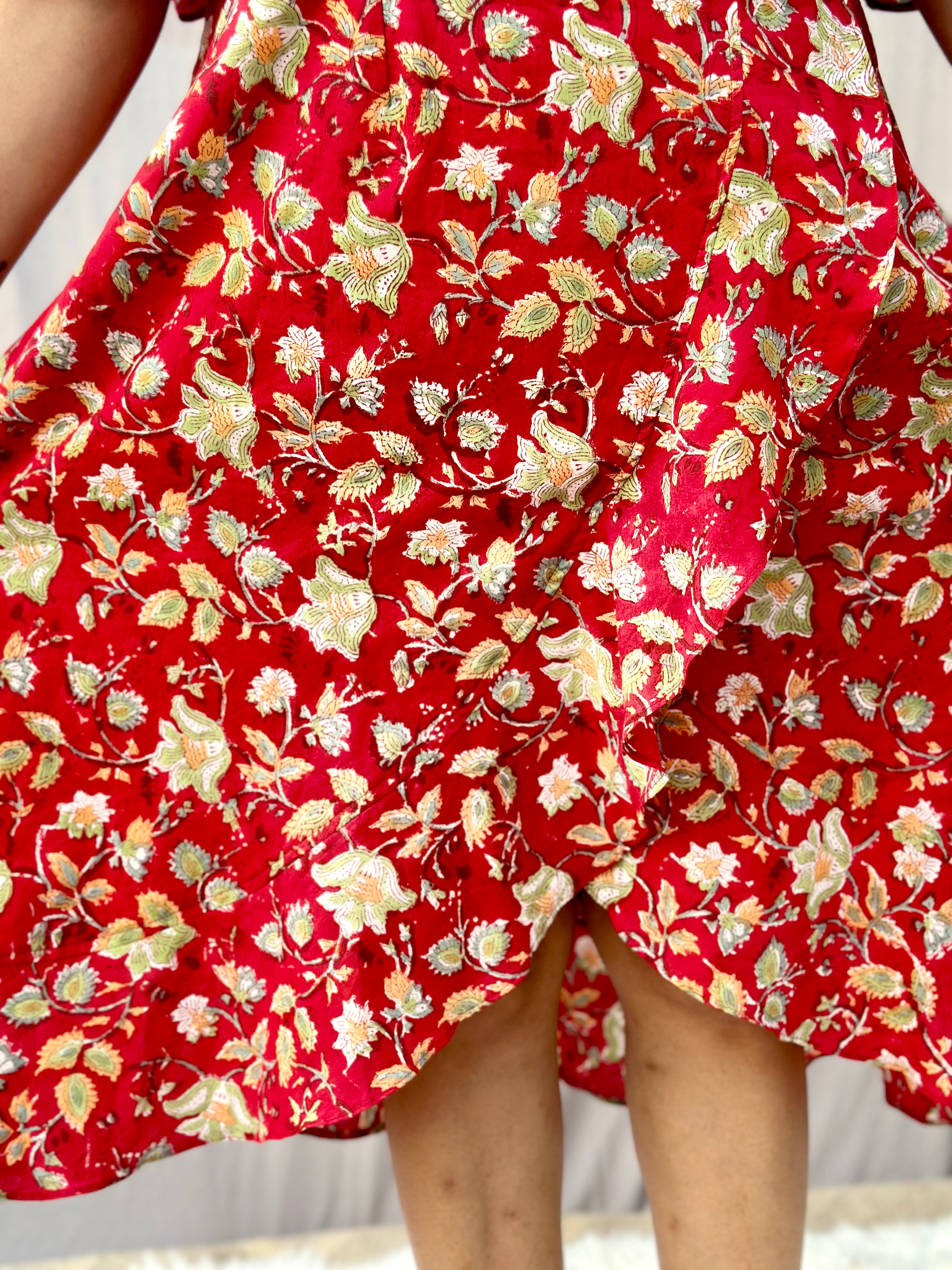 Red Sanganeri Handblock Print Wrap Style Dress