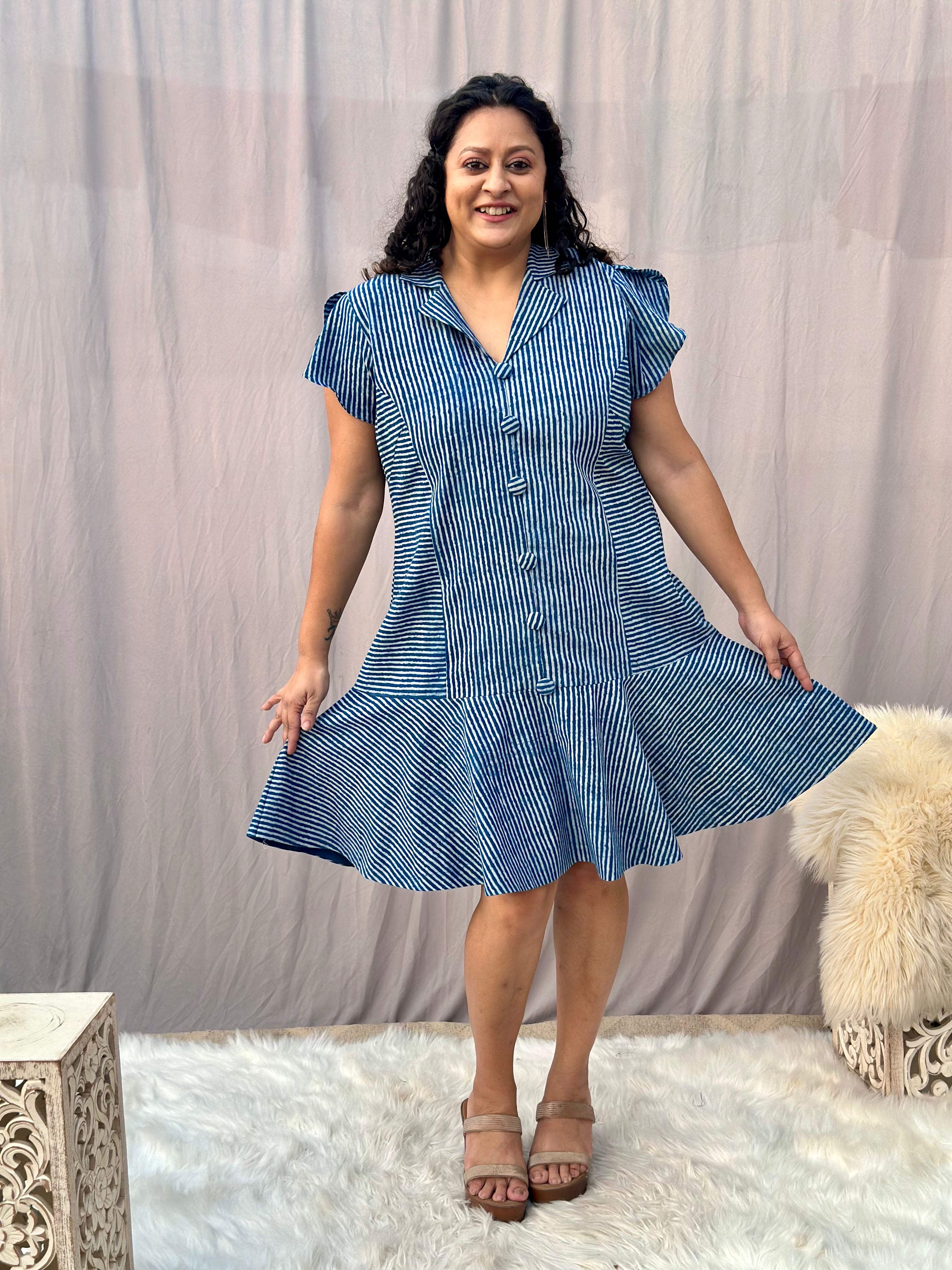 Indigo Dabu Handblock Print Short cotton dress