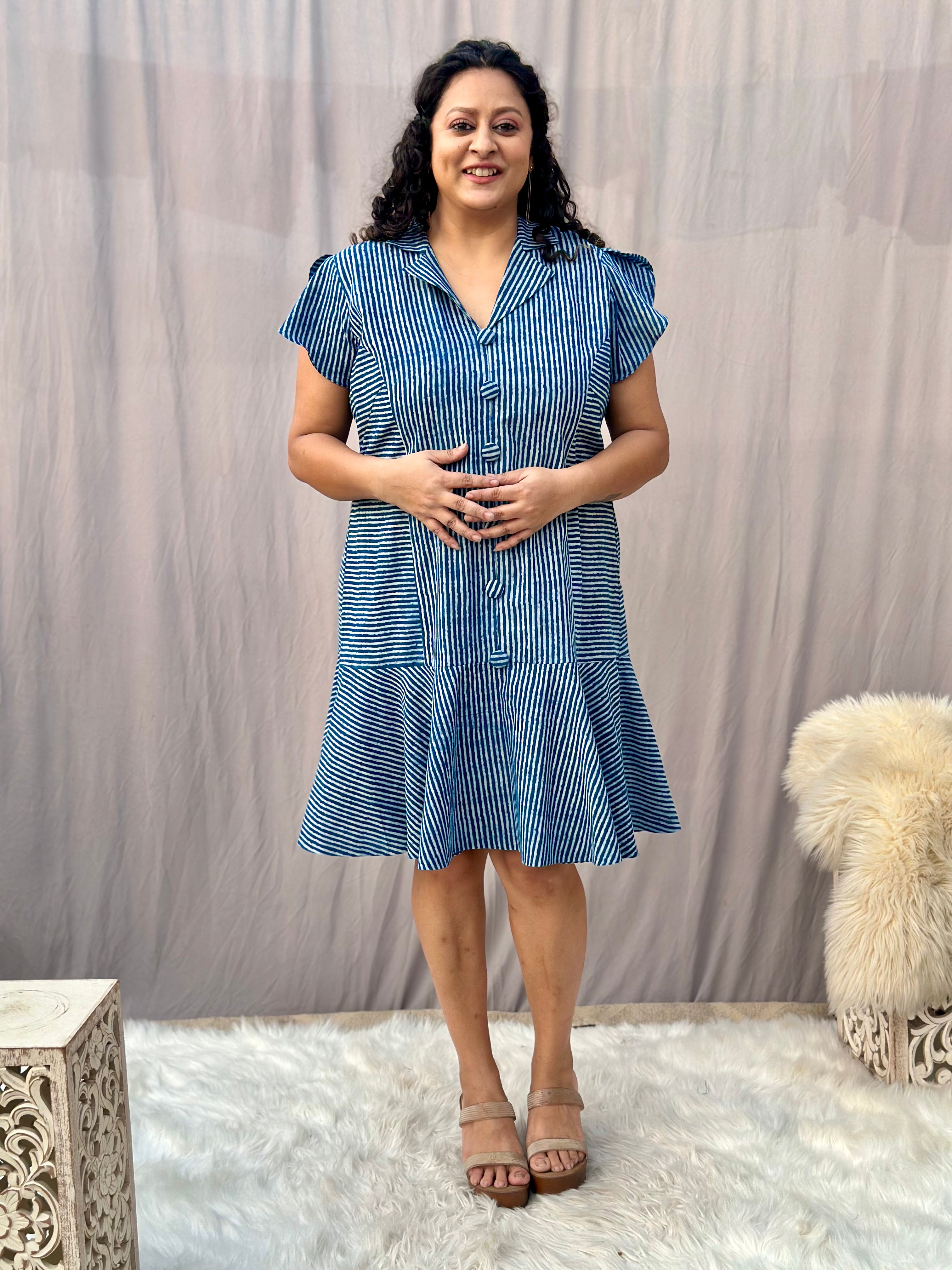 Indigo Dabu Handblock Print Short cotton dress