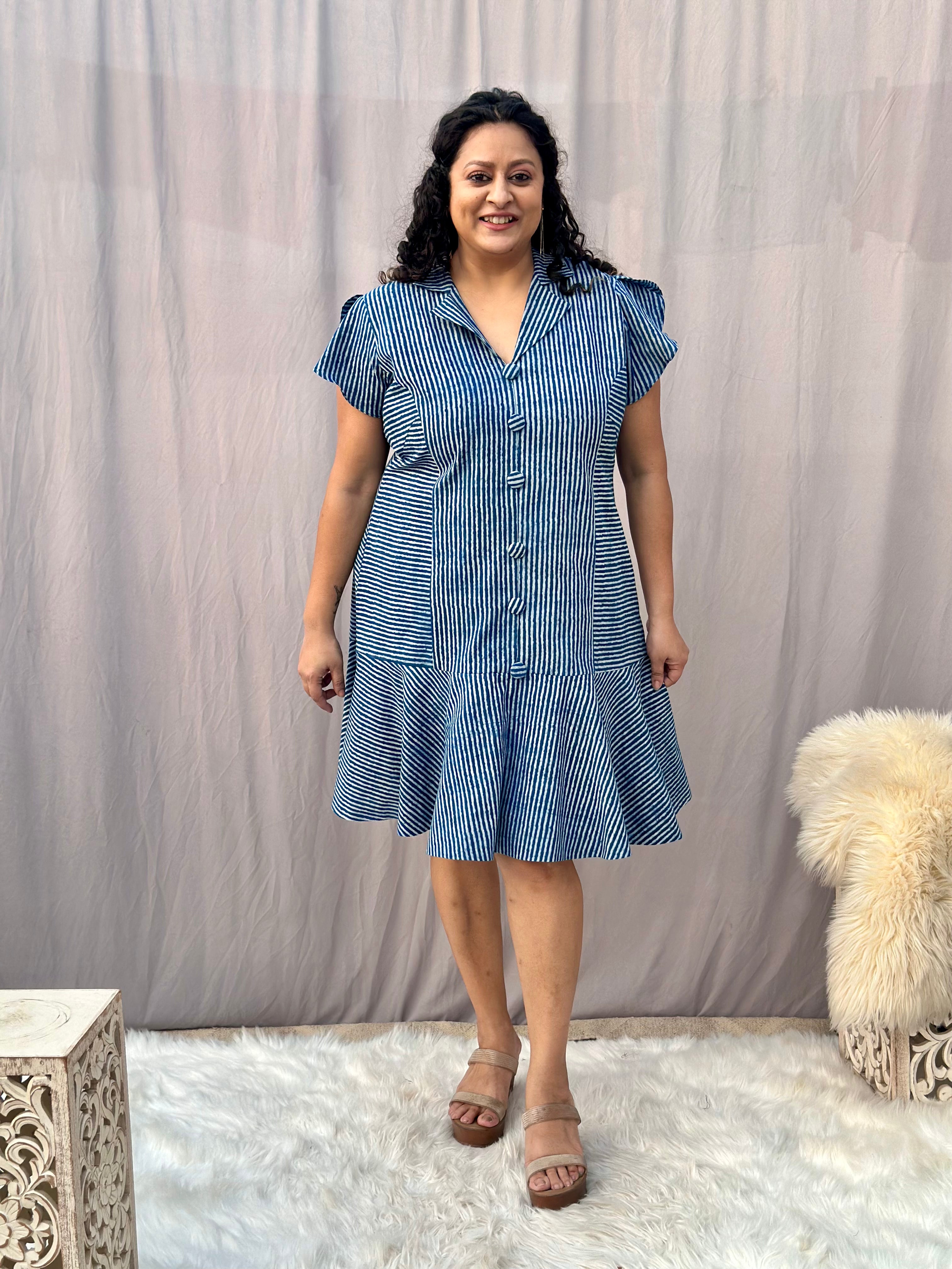 Indigo Dabu Handblock Print Short cotton dress