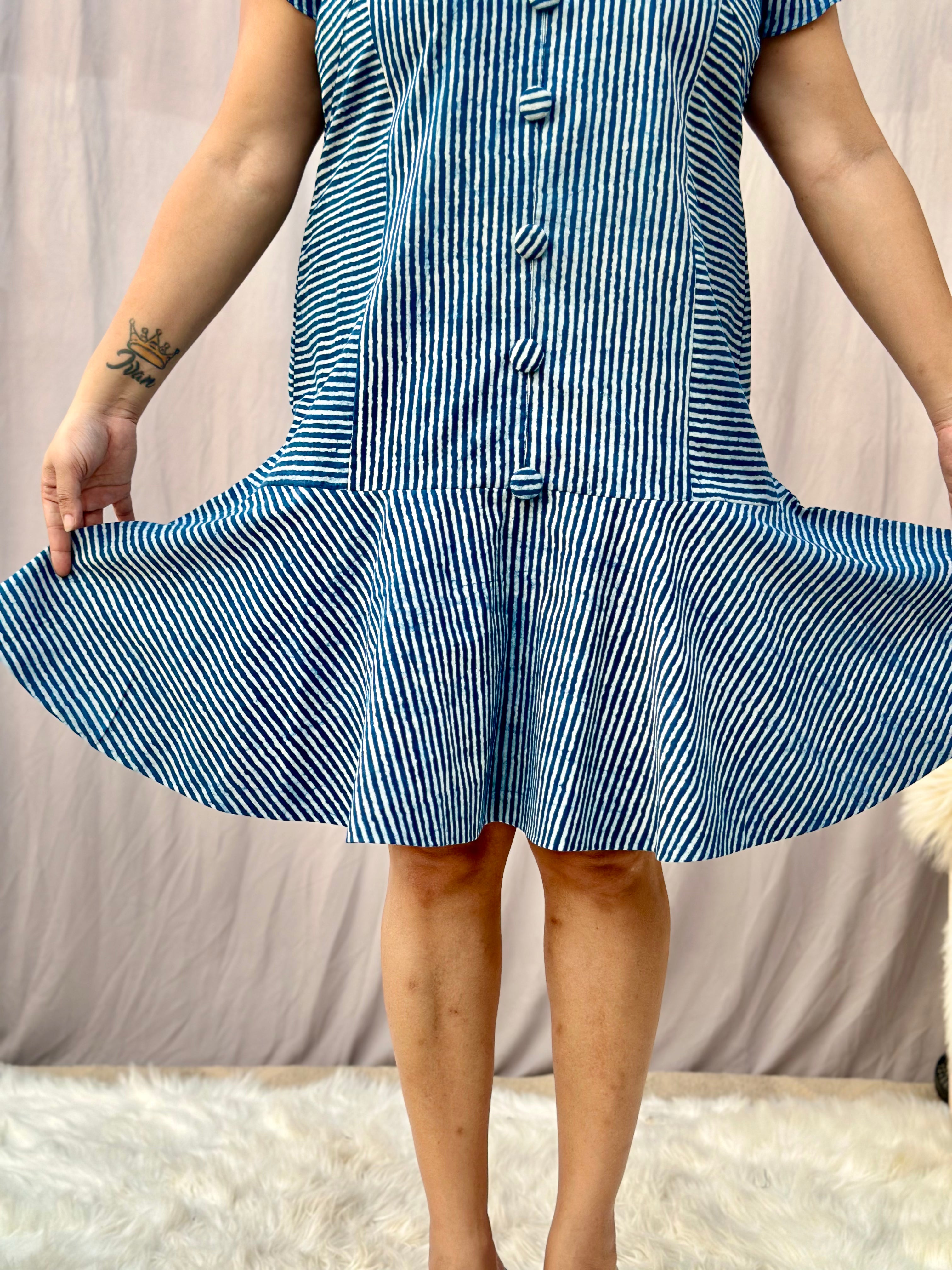 Indigo Dabu Handblock Print Short cotton dress
