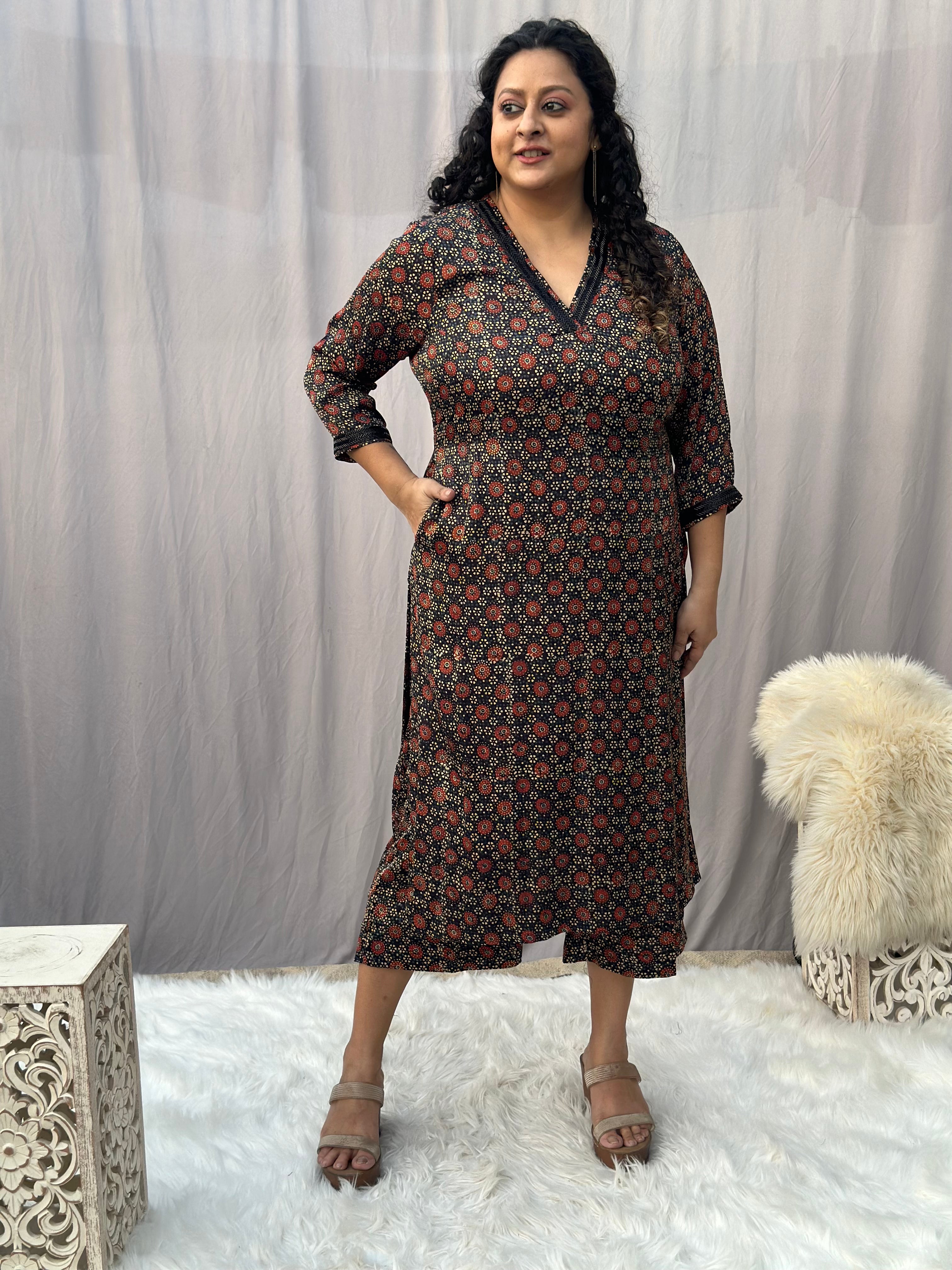 Black Ajrakh Modal Silk Handblock Kurta Pant set