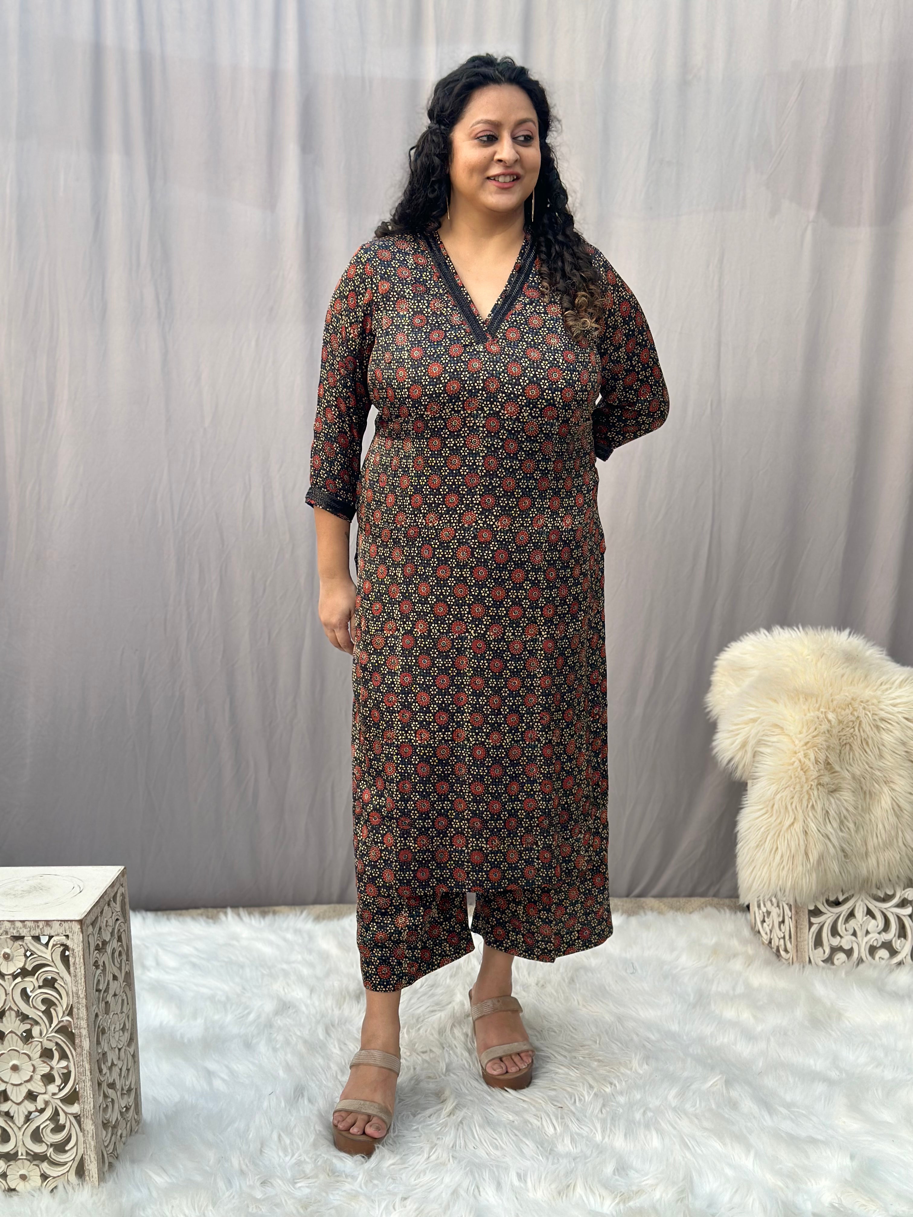 Black Ajrakh Modal Silk Handblock Kurta Pant set