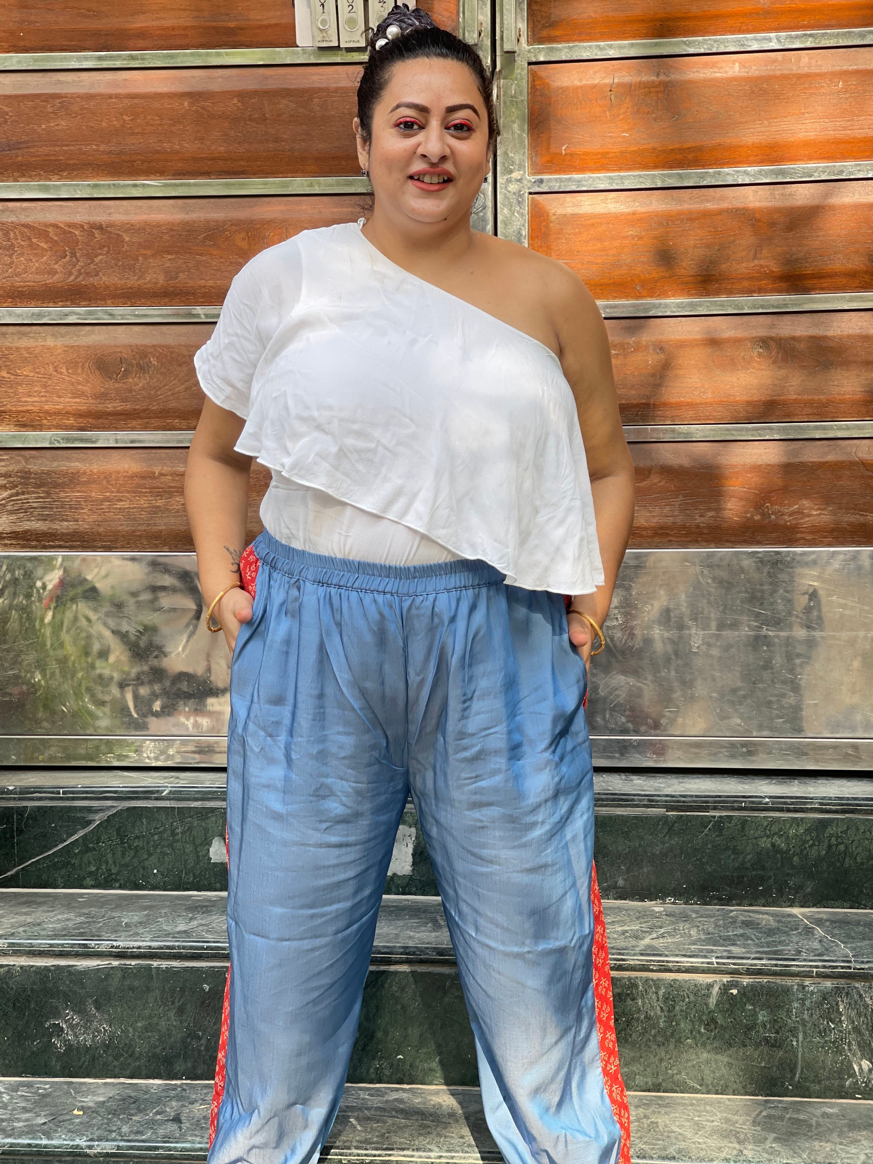 Denim Jogger Pants with Bagru Handblock printed patch