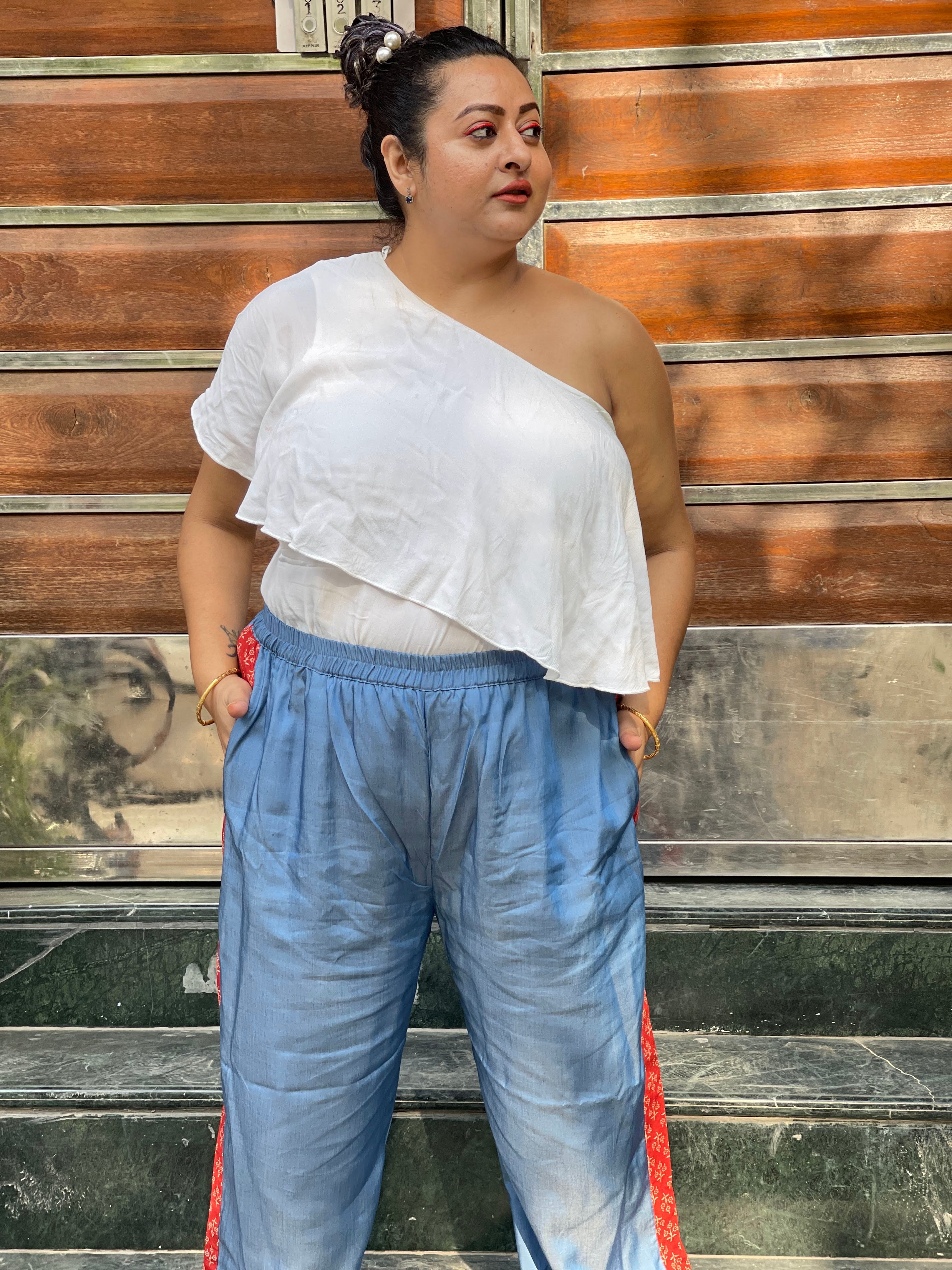 Denim Jogger Pants with Bagru Handblock printed patch