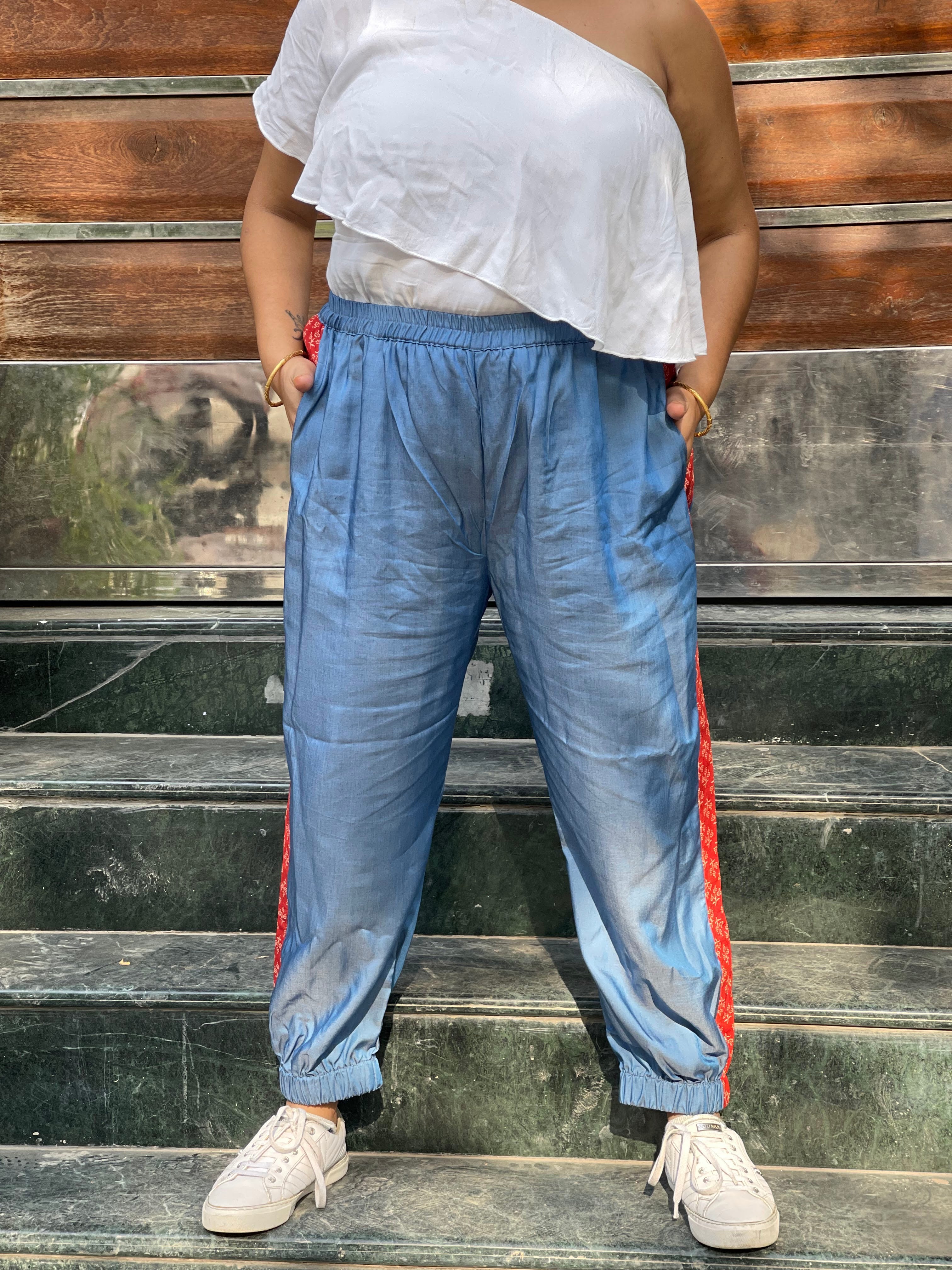 Denim Jogger Pants with Bagru Handblock printed patch