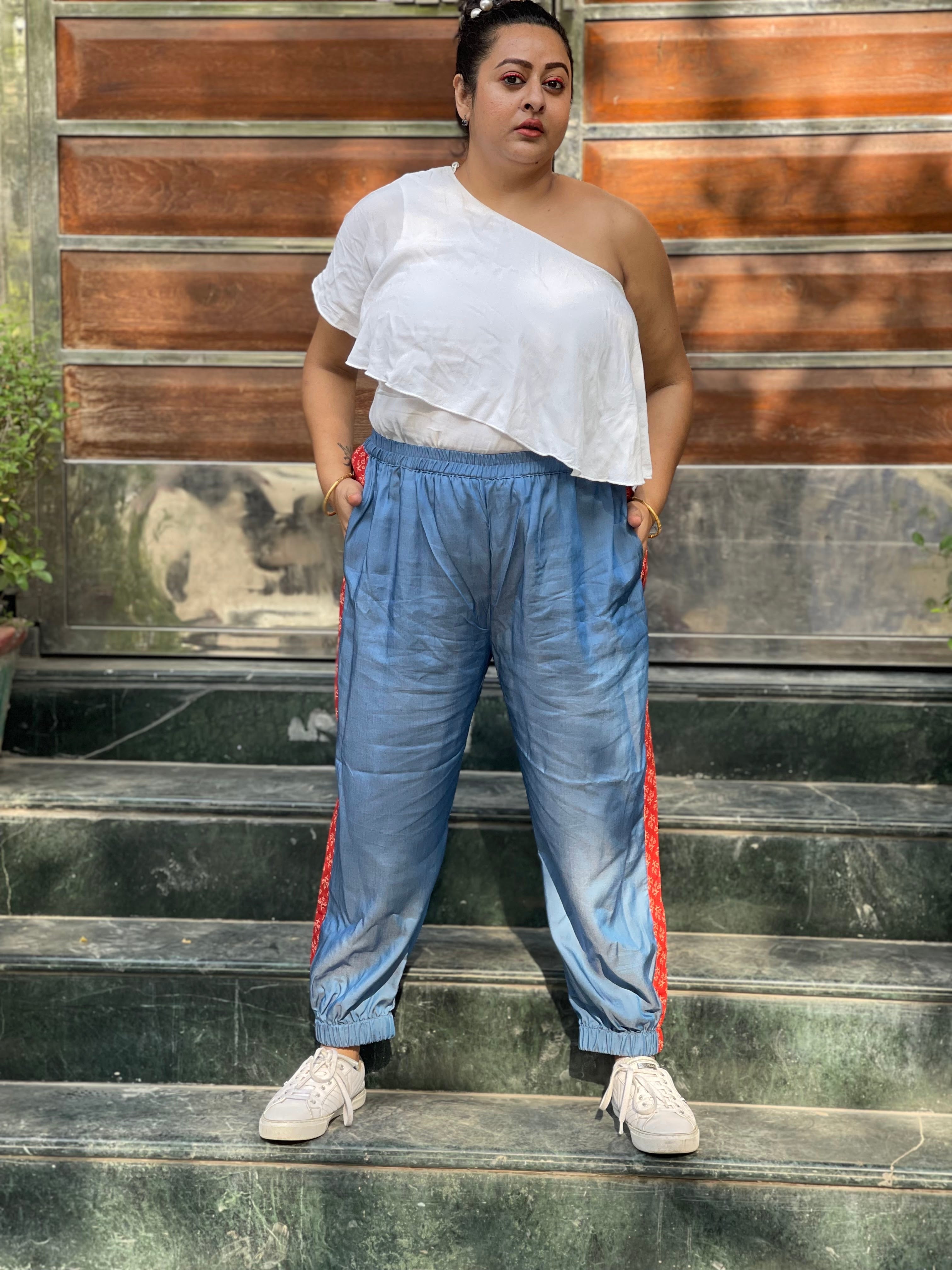 Denim Jogger Pants with Bagru Handblock printed patch