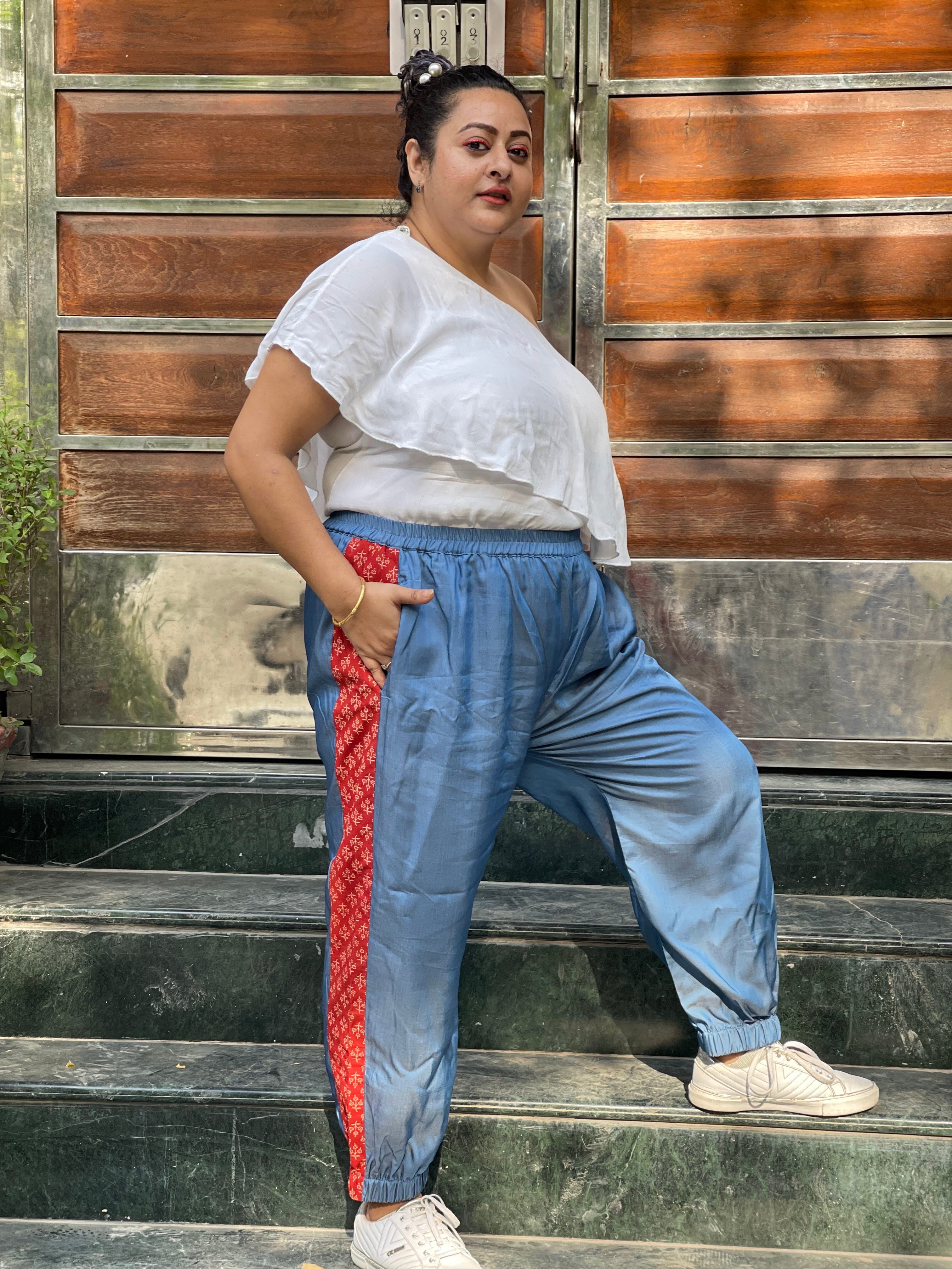 Denim Jogger Pants with Bagru Handblock printed patch