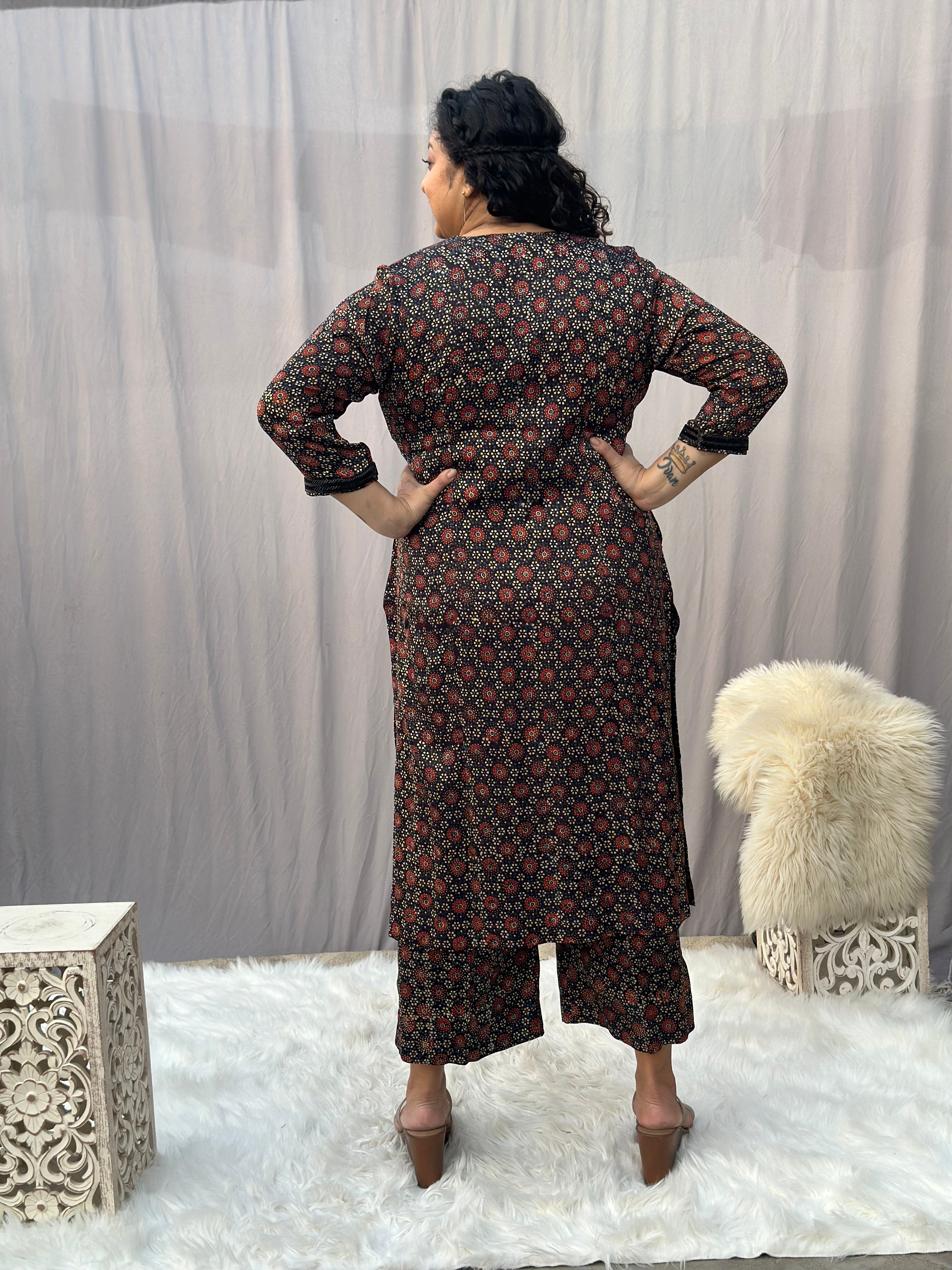 Black Ajrakh Modal Silk Handblock Kurta Pant set
