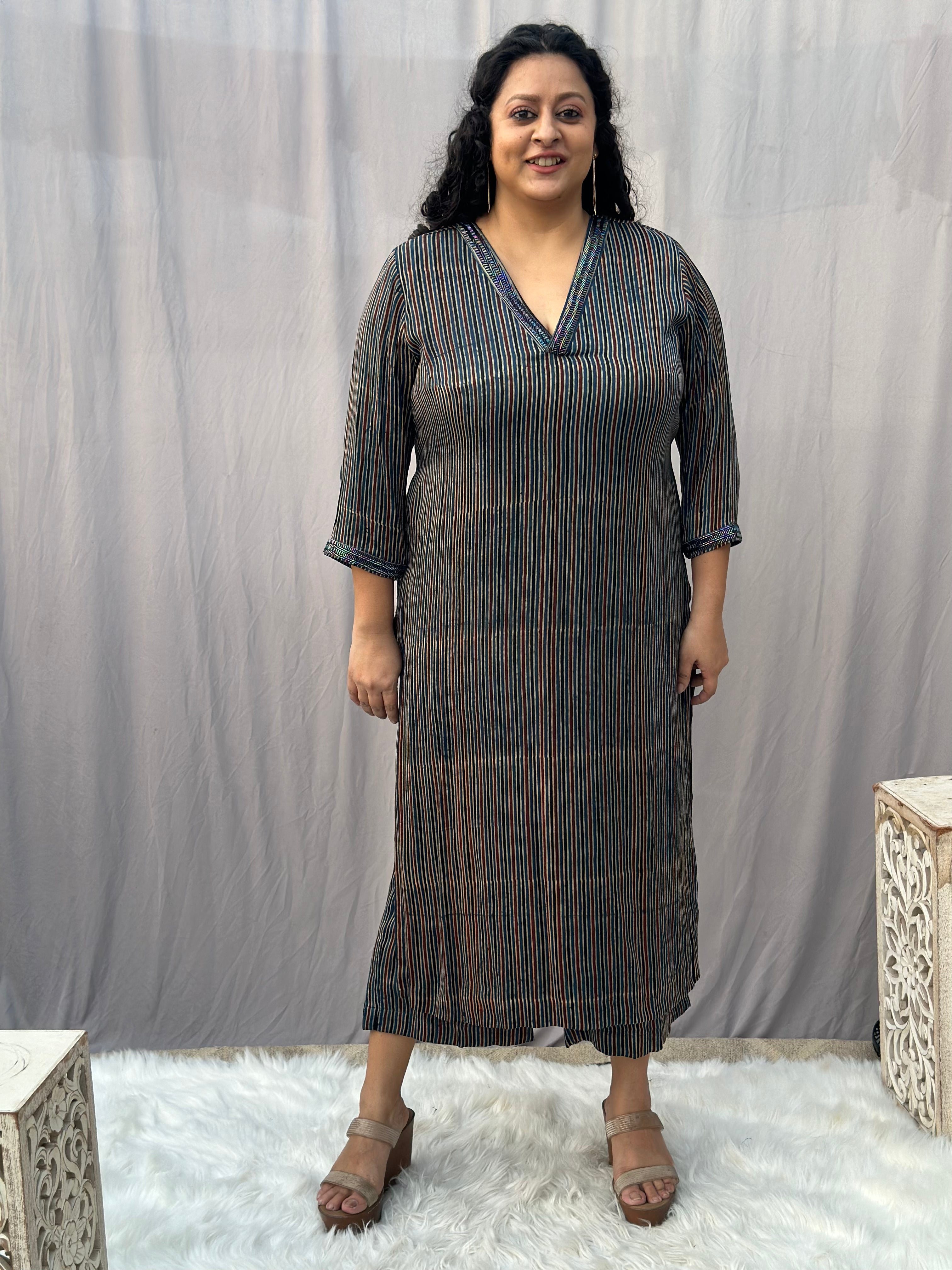 Indigo Ajrakh Stripe Modal Silk Handblock Print Kurta Pant Set