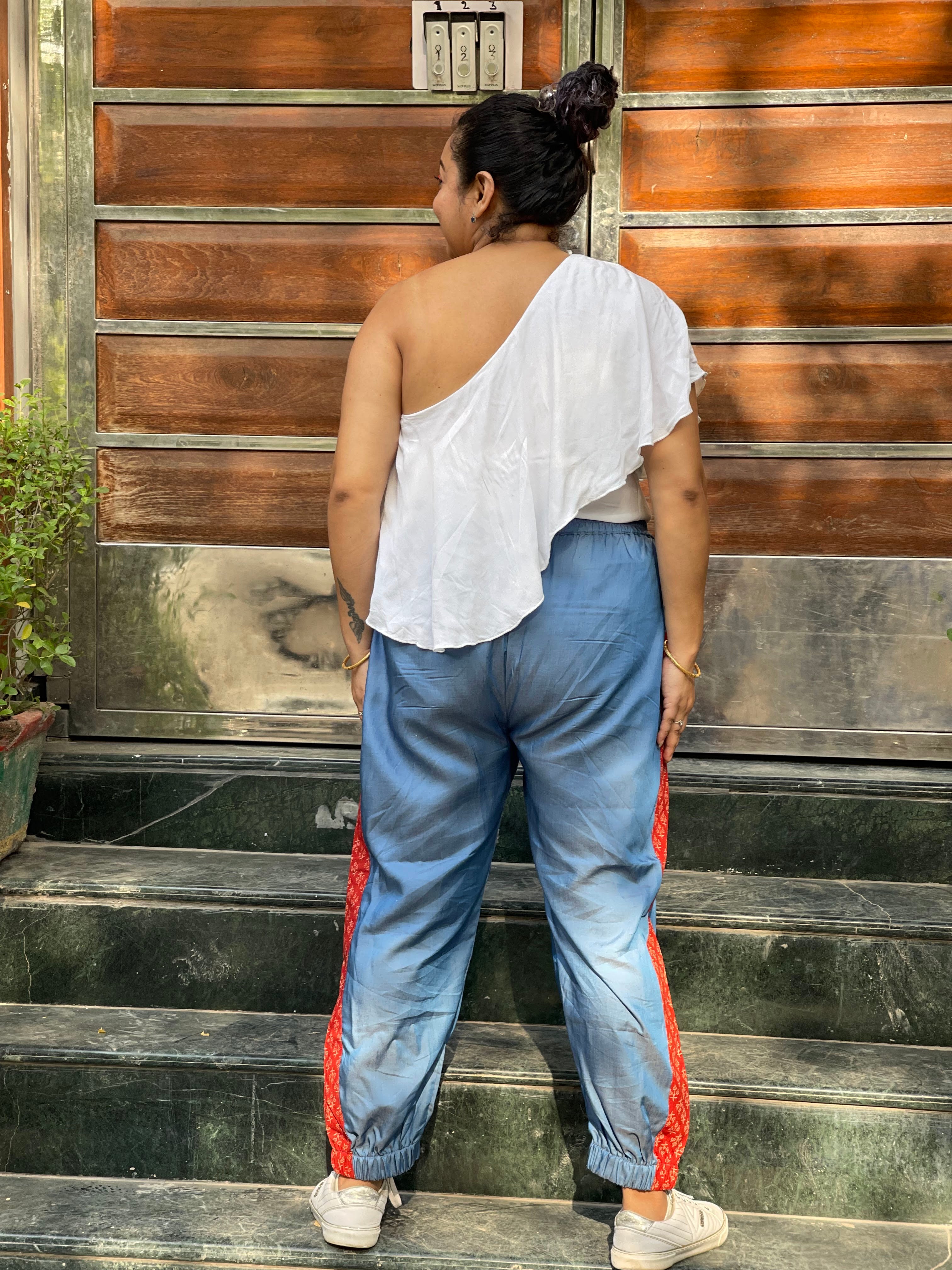 Denim Jogger Pants with Bagru Handblock printed patch
