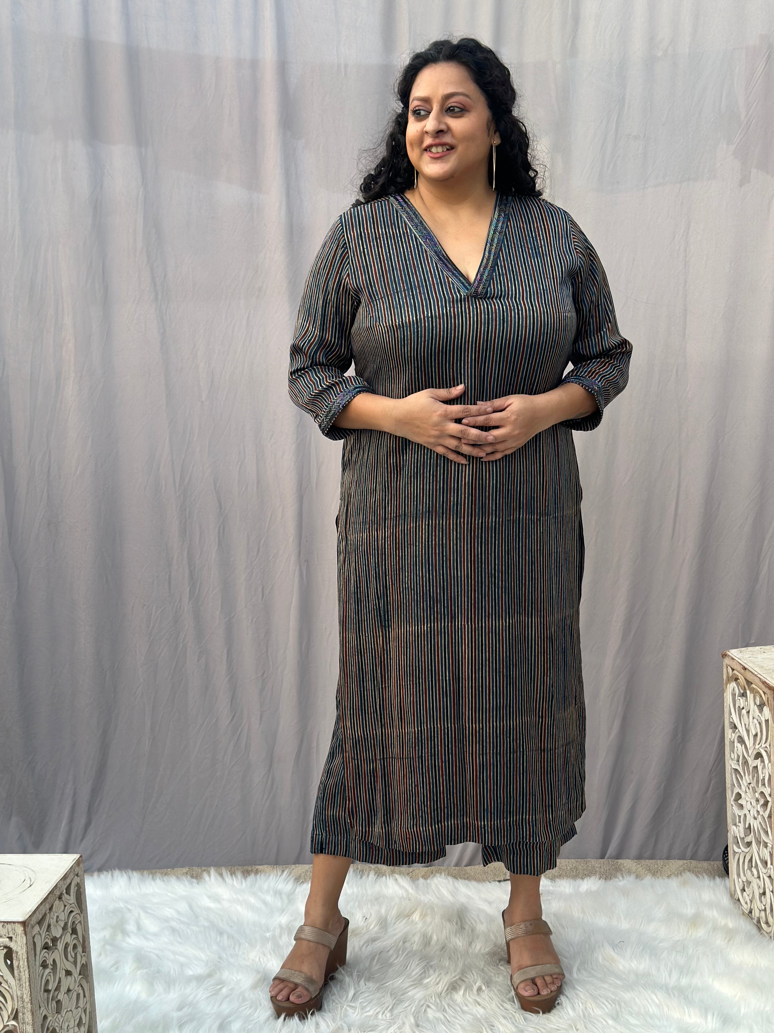 Indigo Ajrakh Stripe Modal Silk Handblock Print Kurta Pant Set
