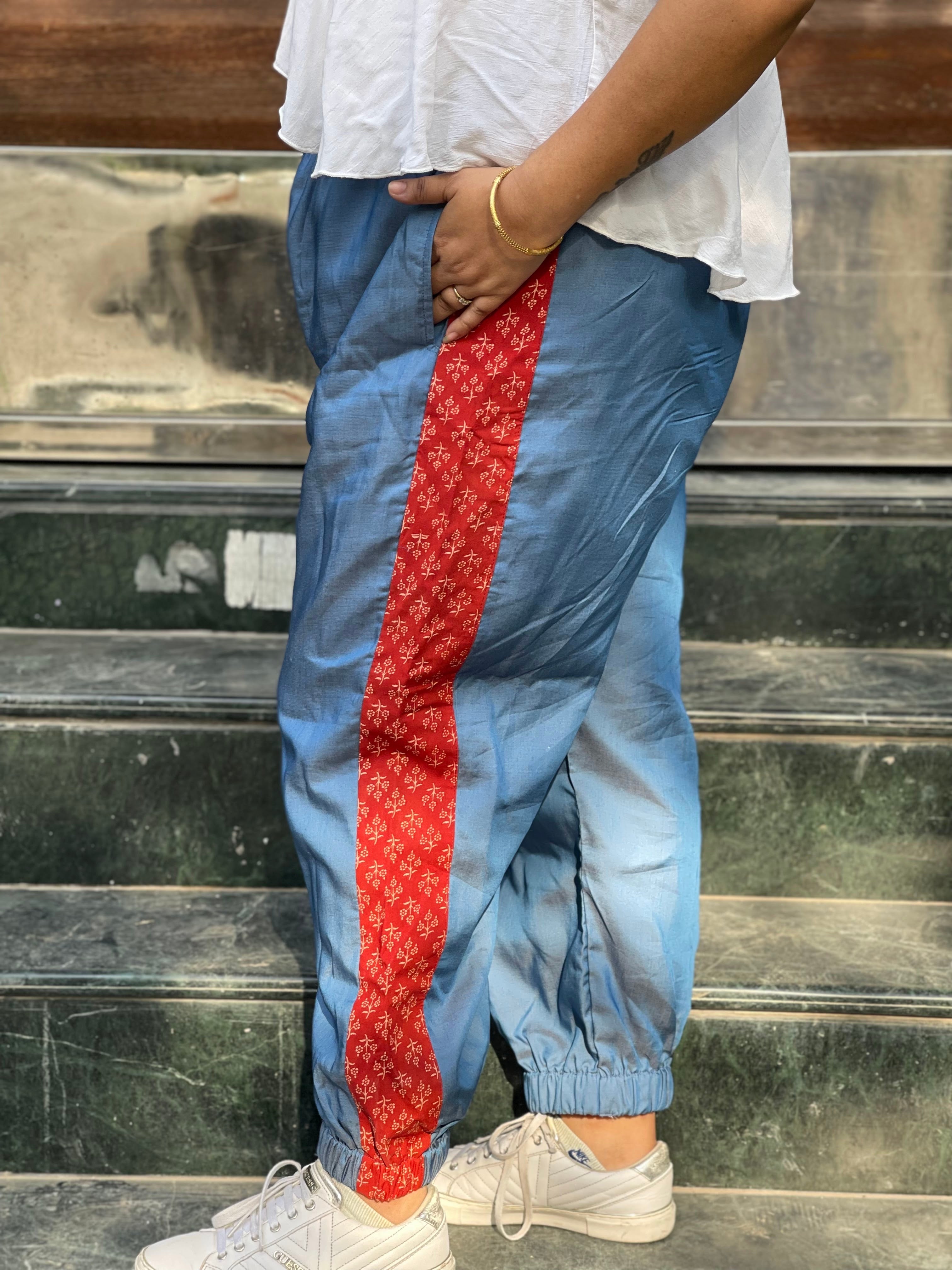 Denim Jogger Pants with Bagru Handblock printed patch