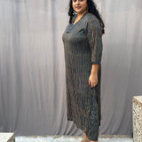 Indigo Ajrakh Stripe Modal Silk Handblock Print Kurta Pant Set