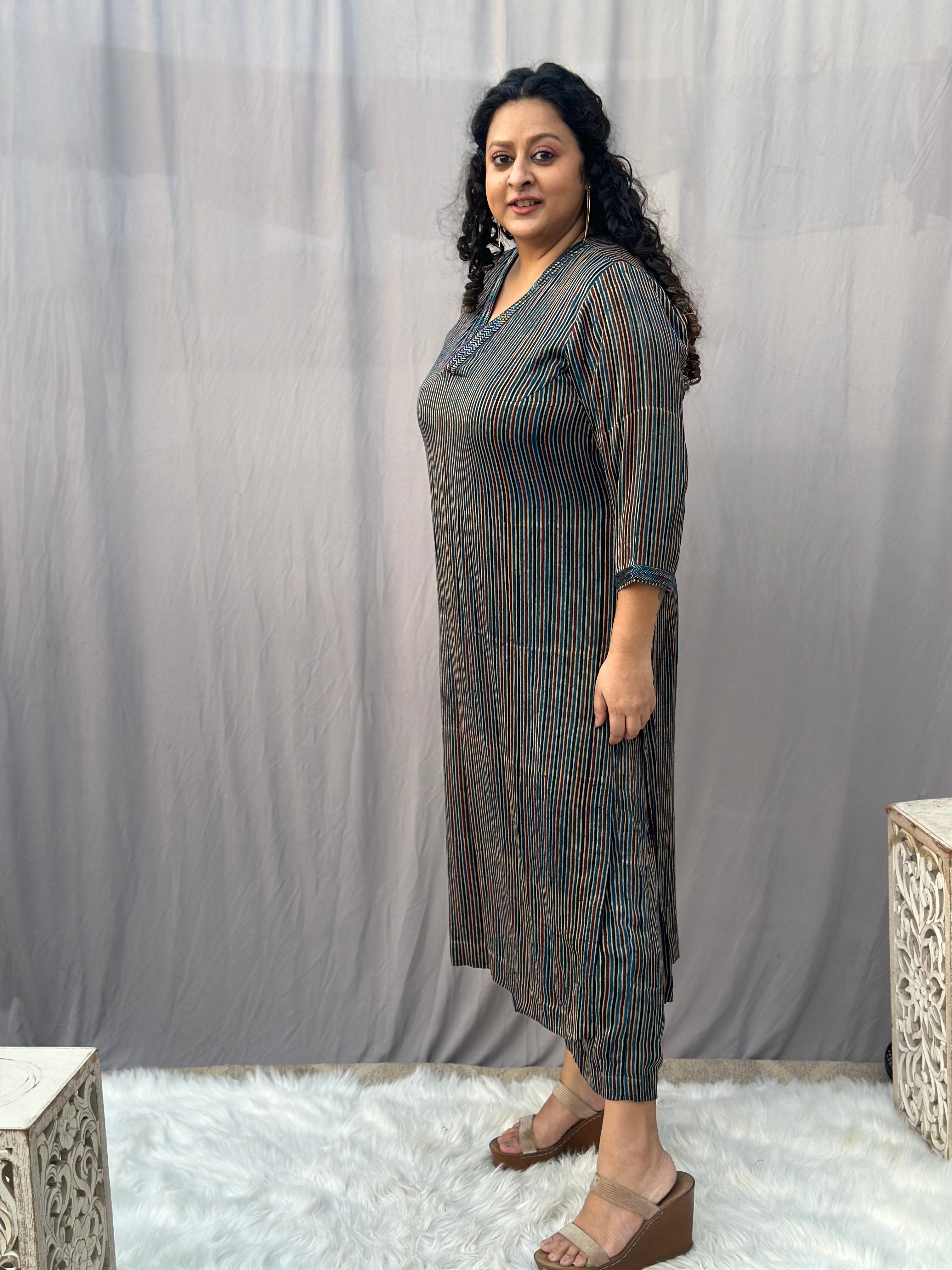 Indigo Ajrakh Stripe Modal Silk Handblock Print Kurta Pant Set