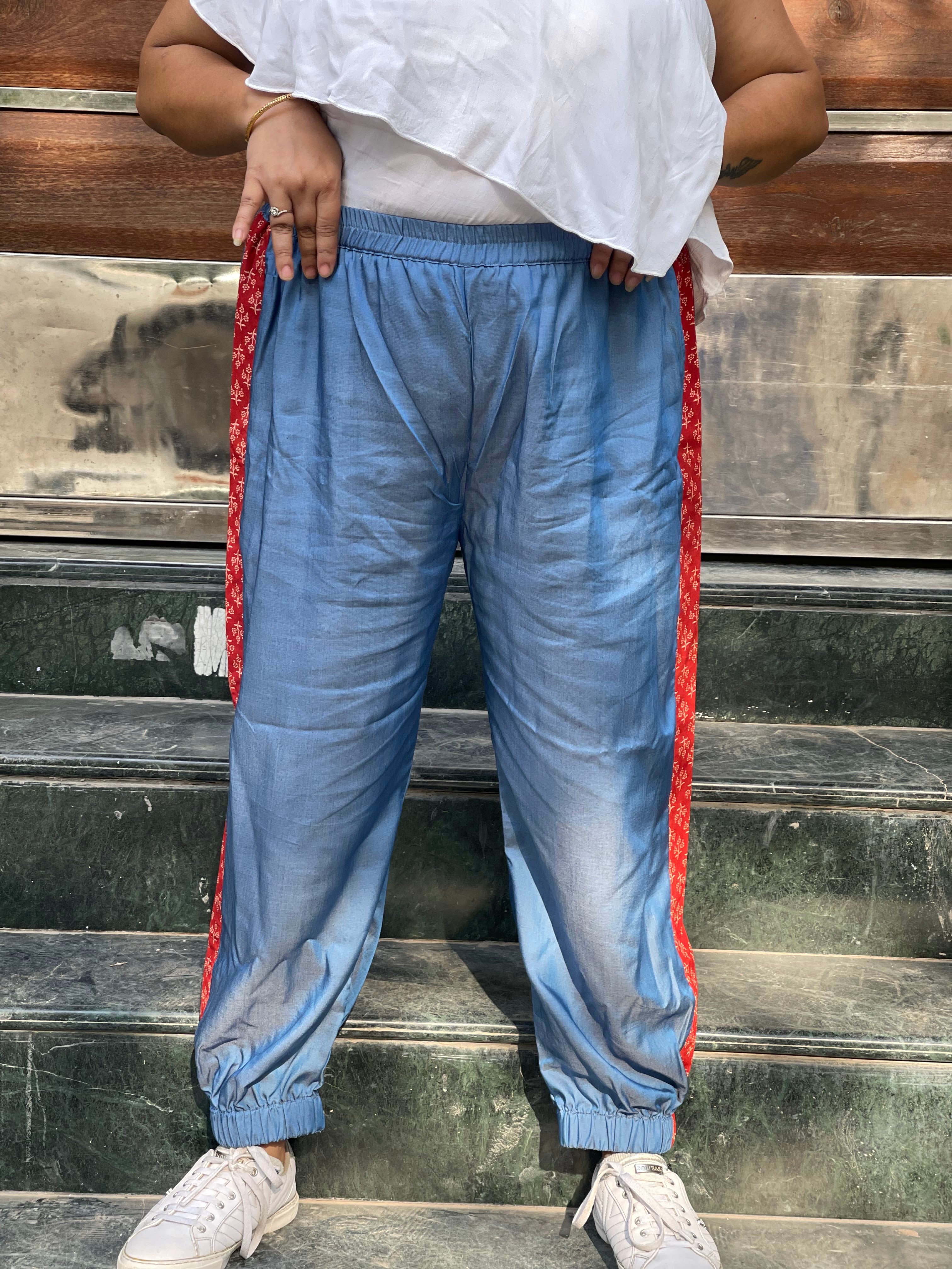 Denim Jogger Pants with Bagru Handblock printed patch