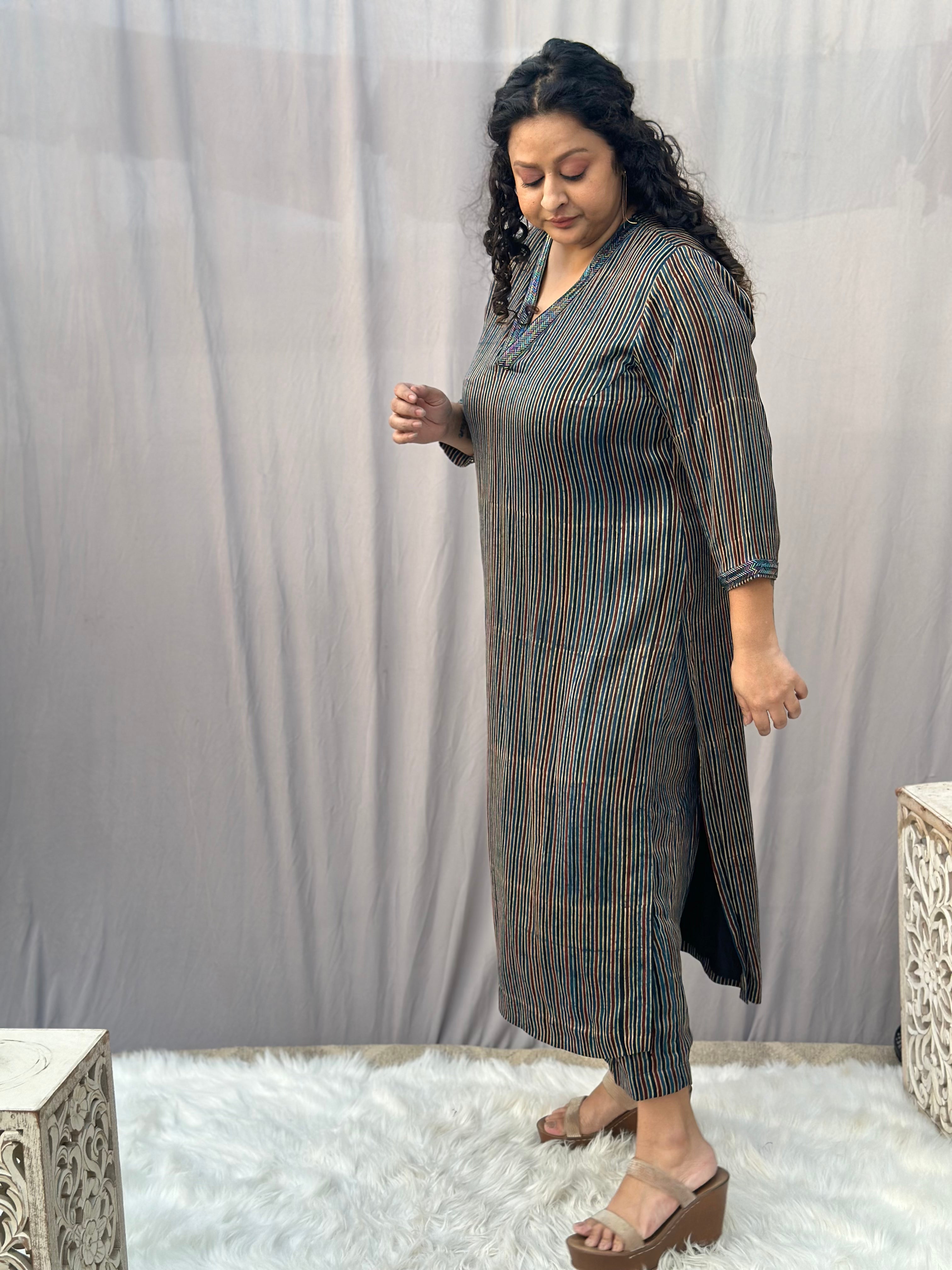 Indigo Ajrakh Stripe Modal Silk Handblock Print Kurta Pant Set