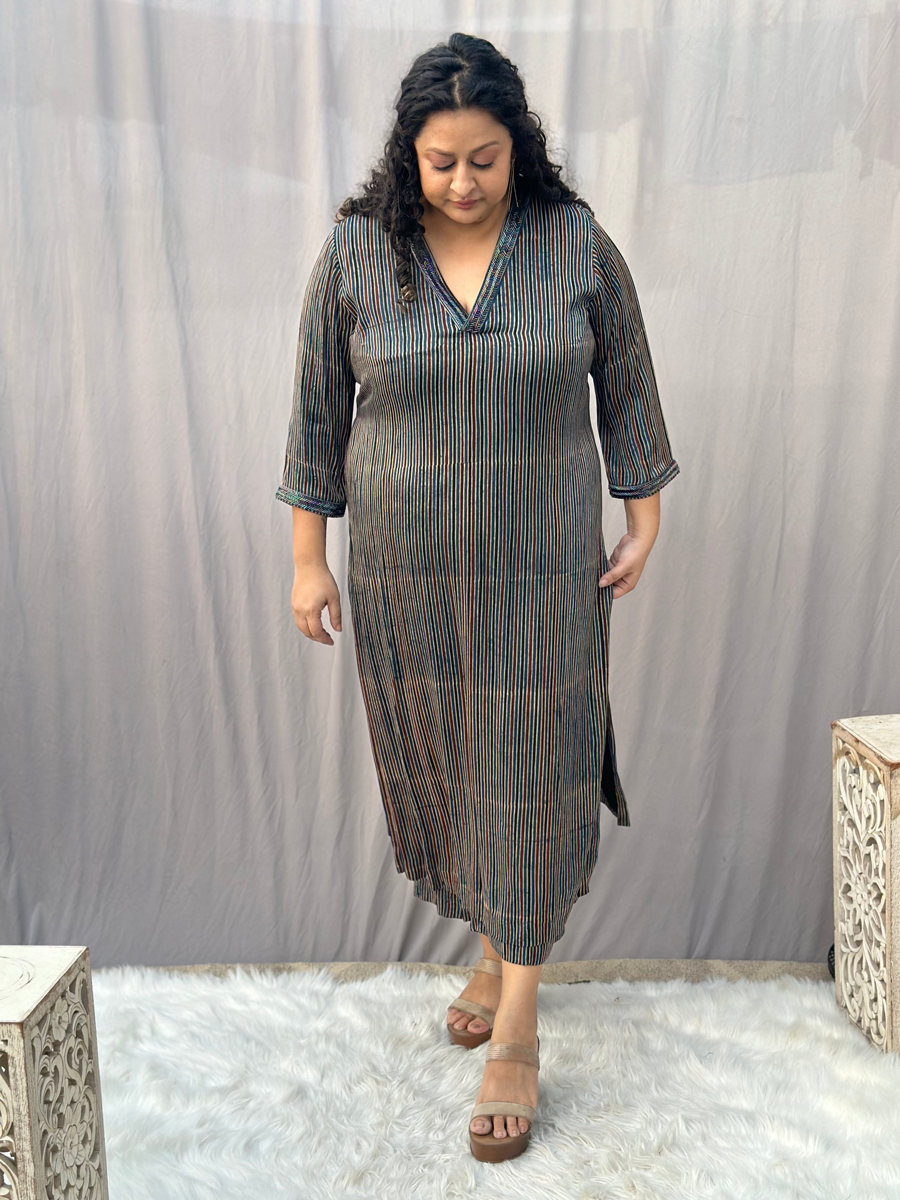 Indigo Ajrakh Stripe Modal Silk Handblock Print Kurta Pant Set