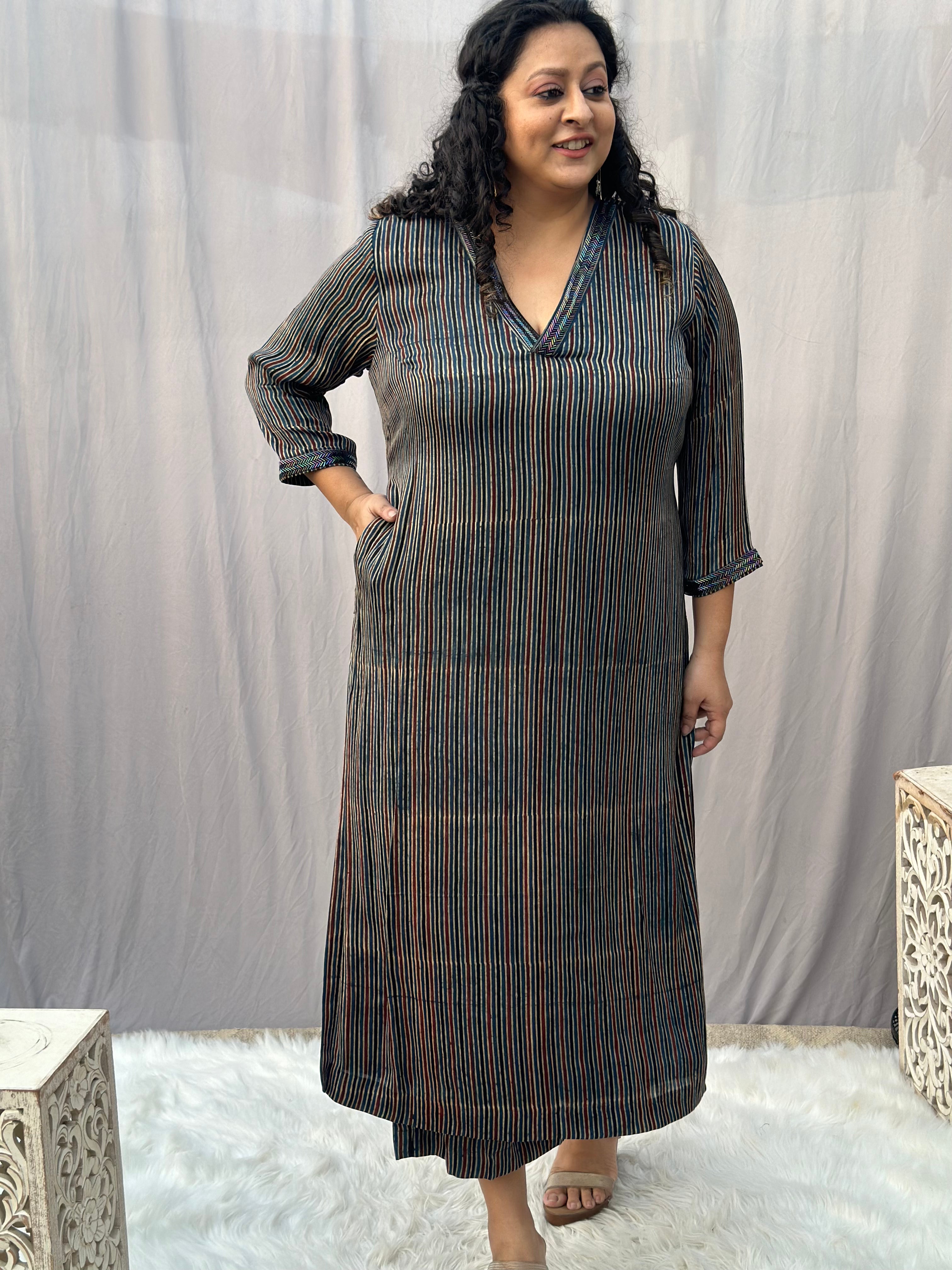 Indigo Ajrakh Stripe Modal Silk Handblock Print Kurta Pant Set