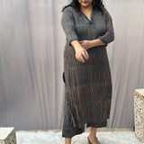 Indigo Ajrakh Stripe Modal Silk Handblock Print Kurta Pant Set