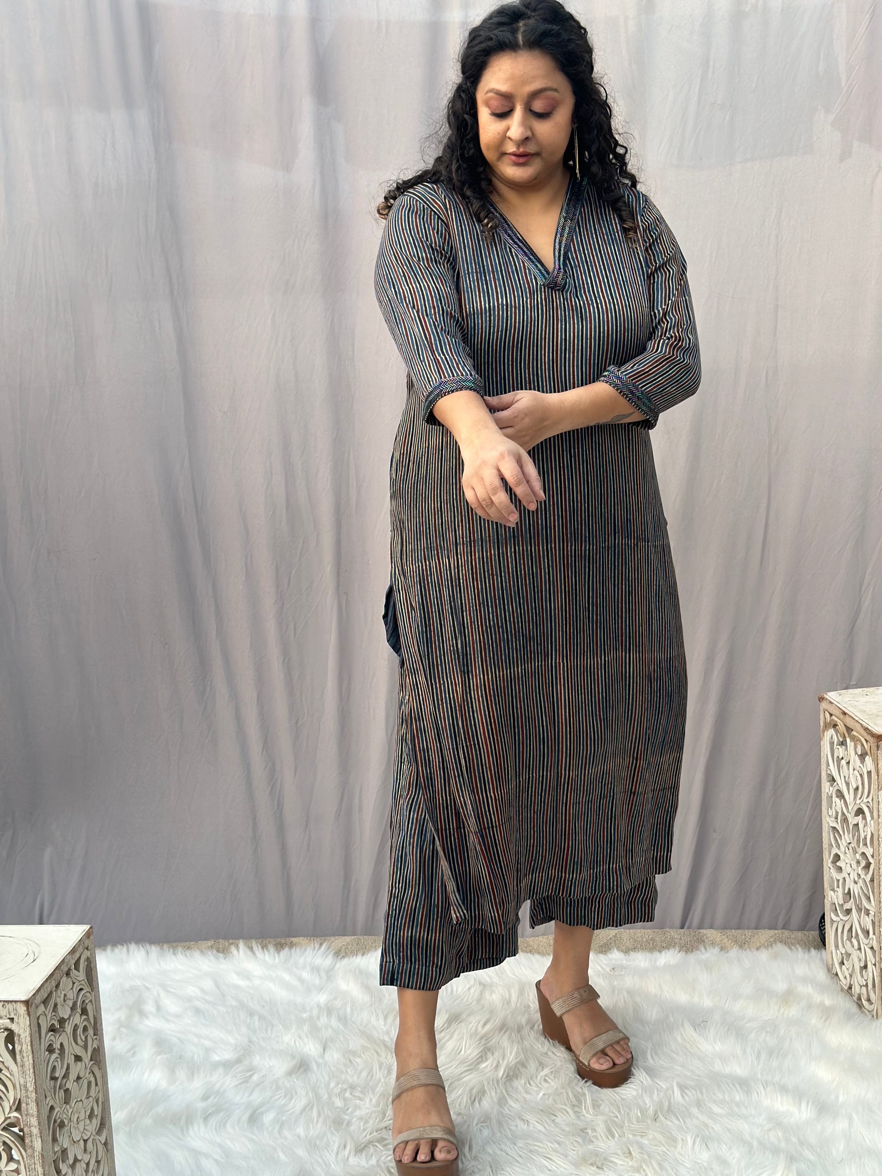 Indigo Ajrakh Stripe Modal Silk Handblock Print Kurta Pant Set