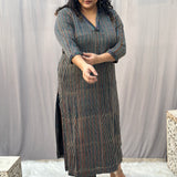Indigo Ajrakh Stripe Modal Silk Handblock Print Kurta Pant Set