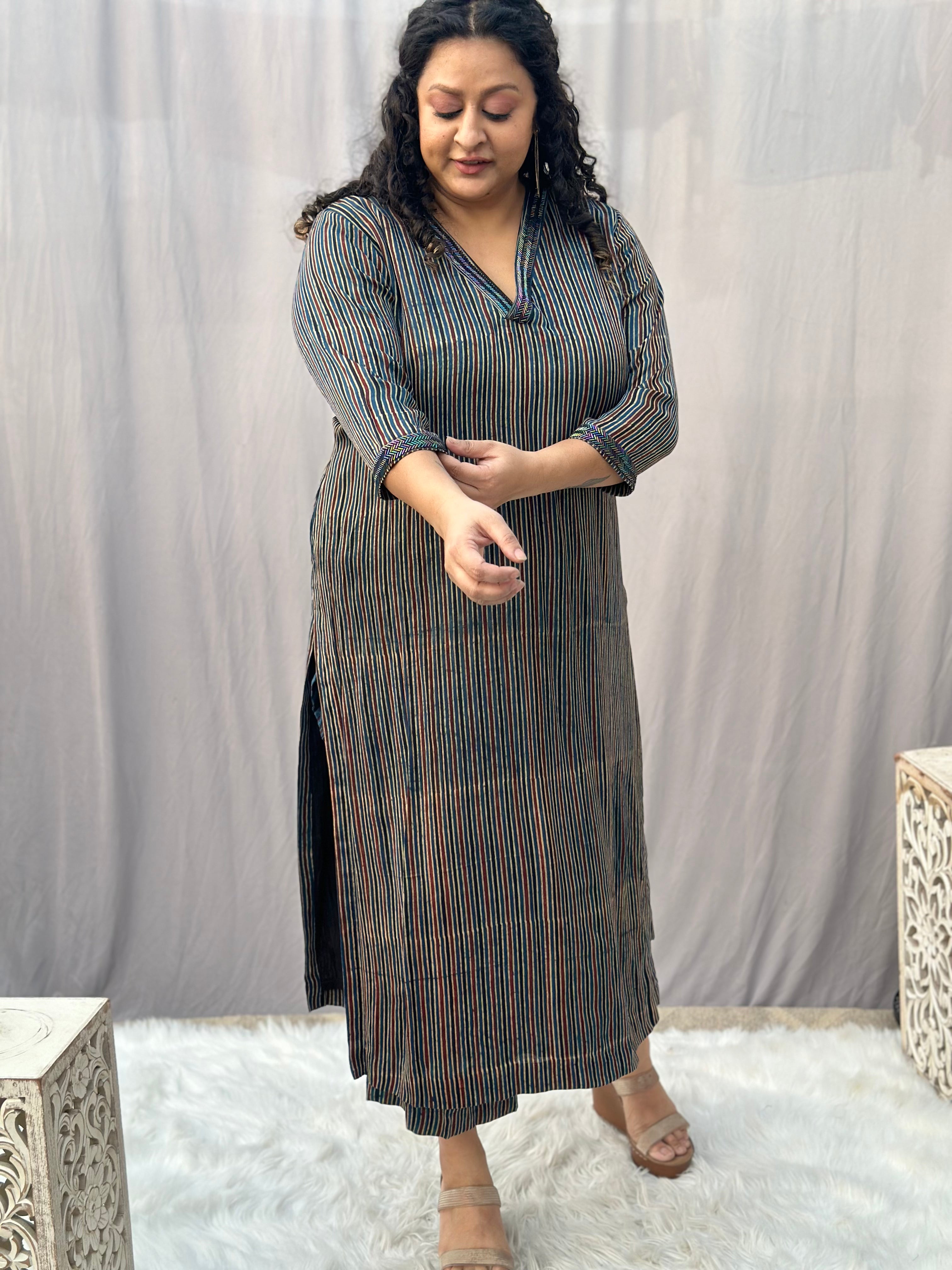 Indigo Ajrakh Stripe Modal Silk Handblock Print Kurta Pant Set