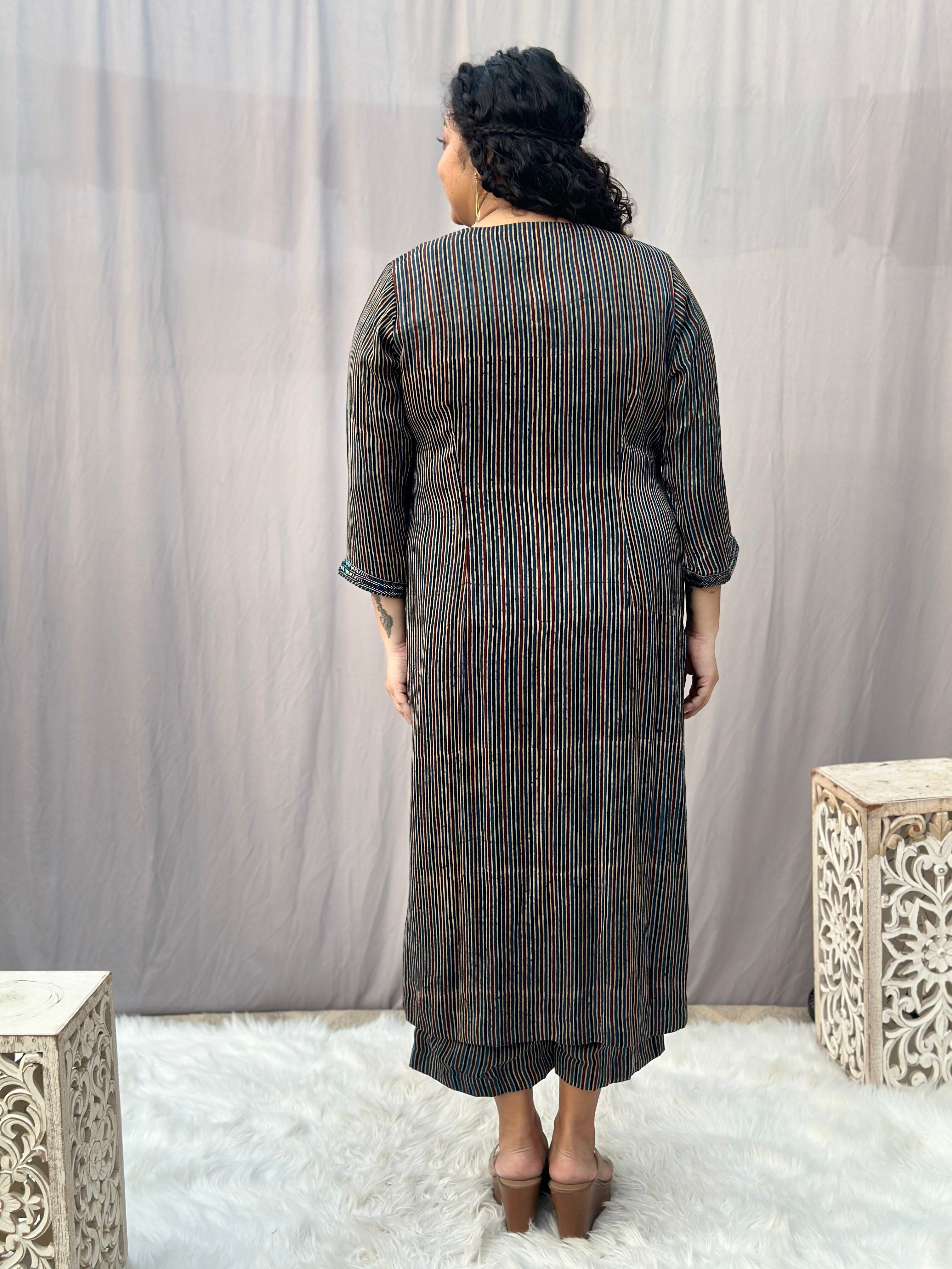Indigo Ajrakh Stripe Modal Silk Handblock Print Kurta Pant Set
