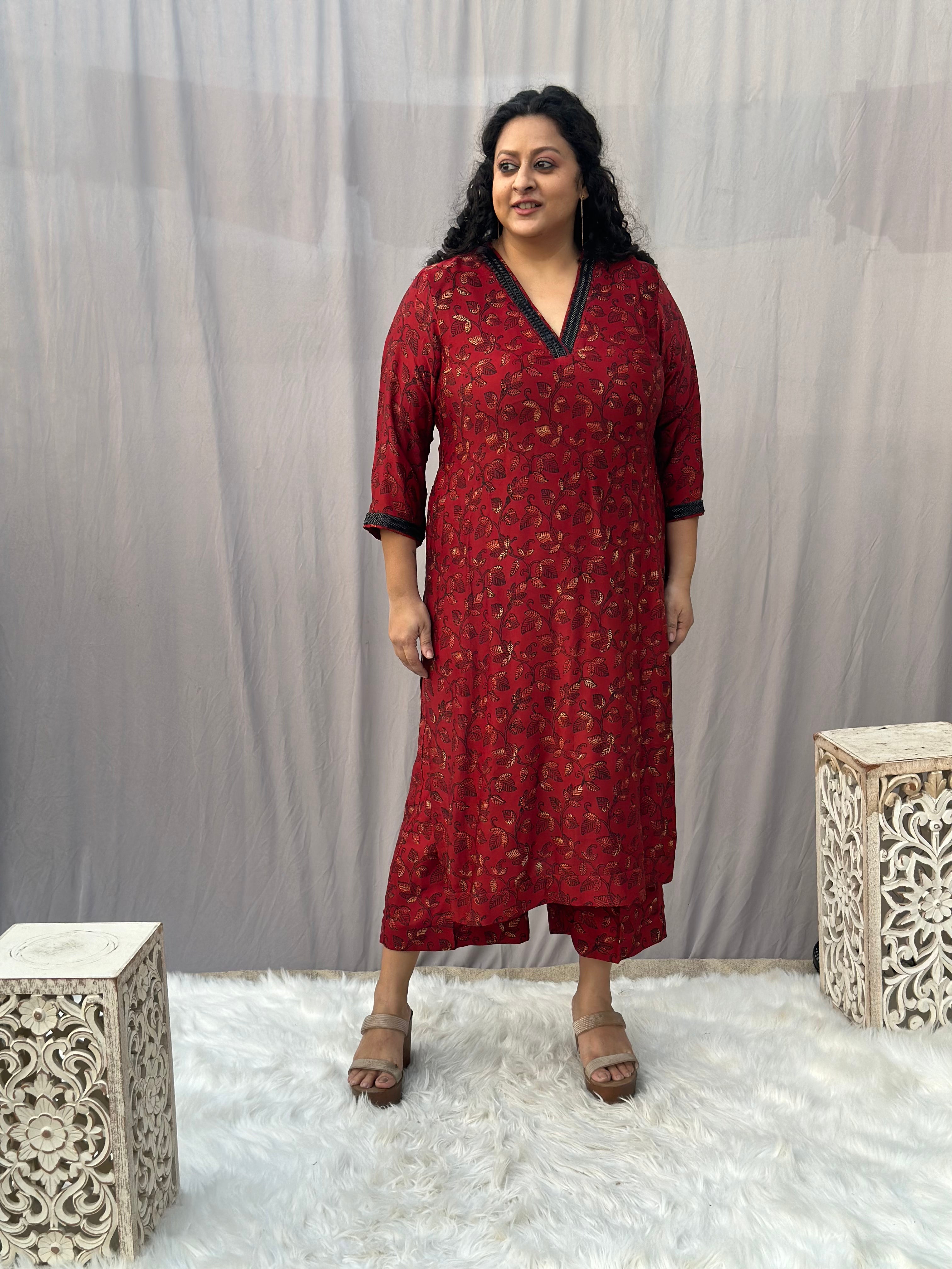 Red Ajrakh Modal Silk Handblock Print Kurta Pant Set
