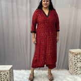 Red Ajrakh Modal Silk Handblock Print Kurta Pant Set