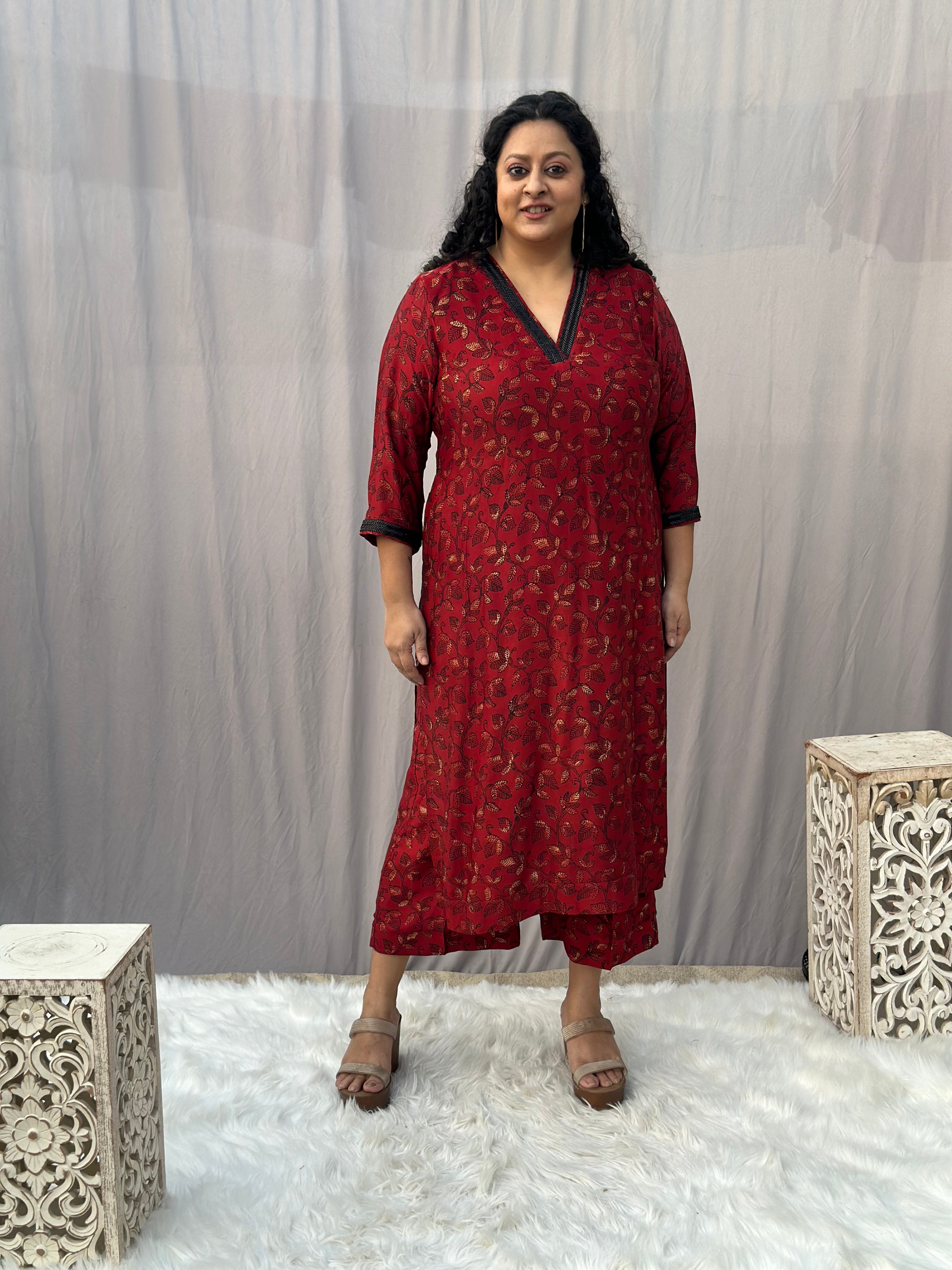 Red Ajrakh Modal Silk Handblock Print Kurta Pant Set