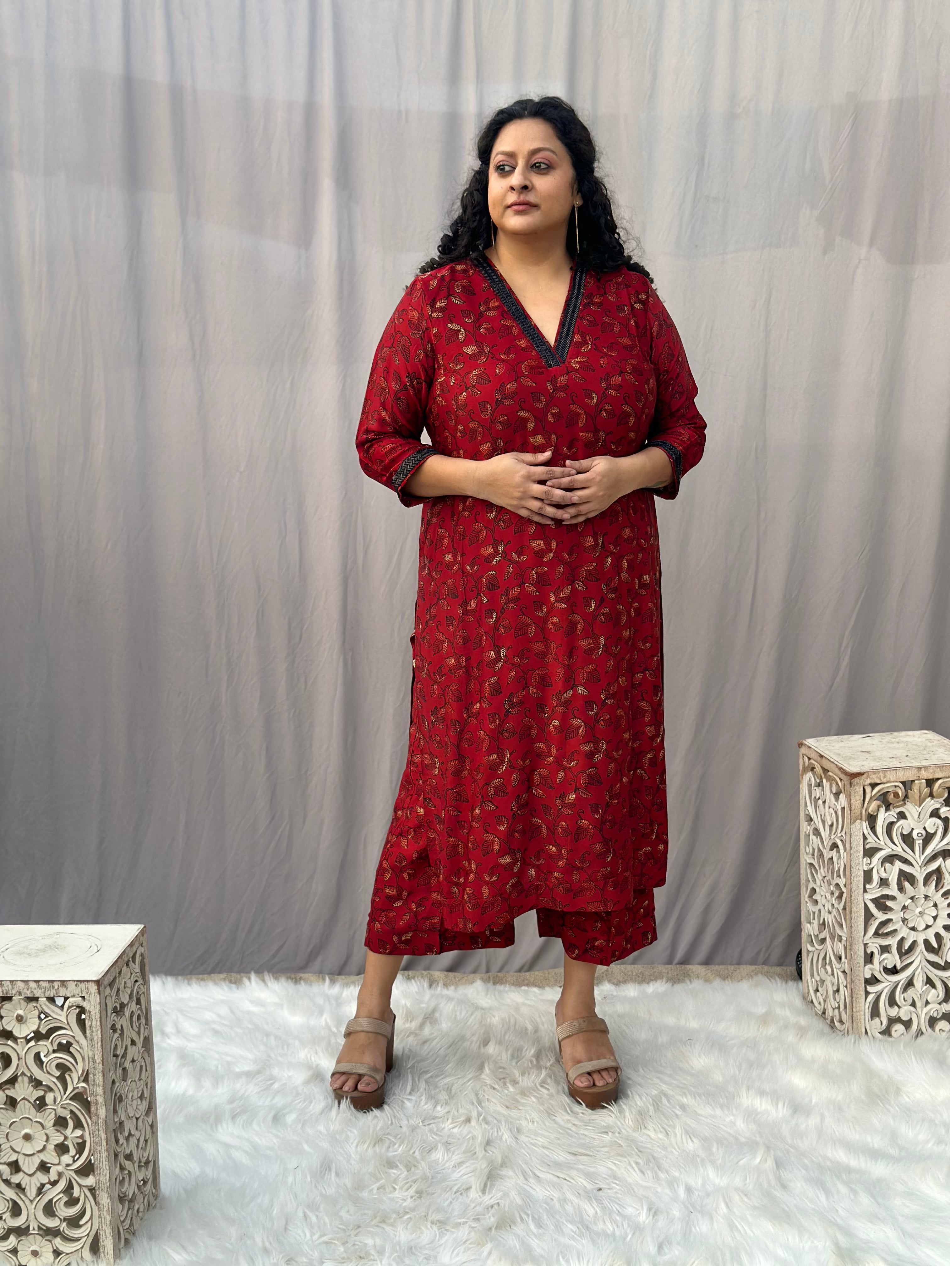 Red Ajrakh Modal Silk Handblock Print Kurta Pant Set