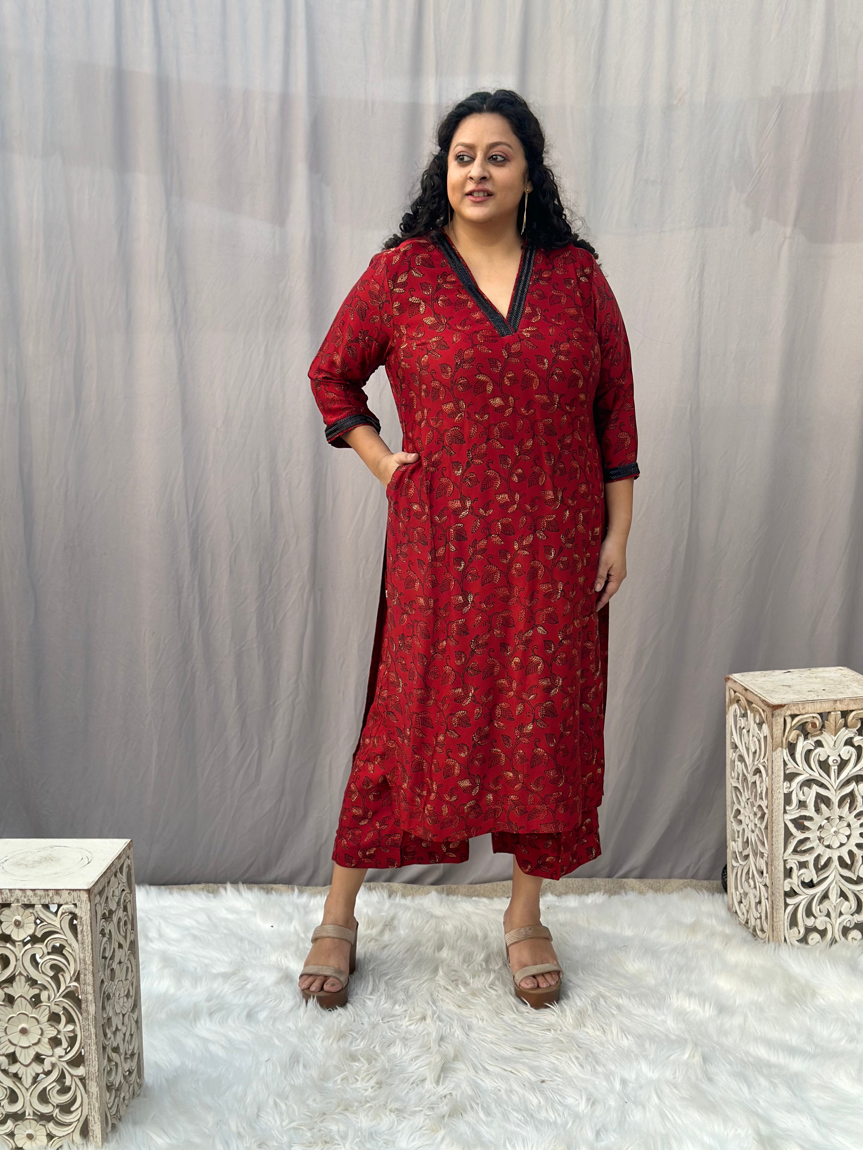 Red Ajrakh Modal Silk Handblock Print Kurta Pant Set