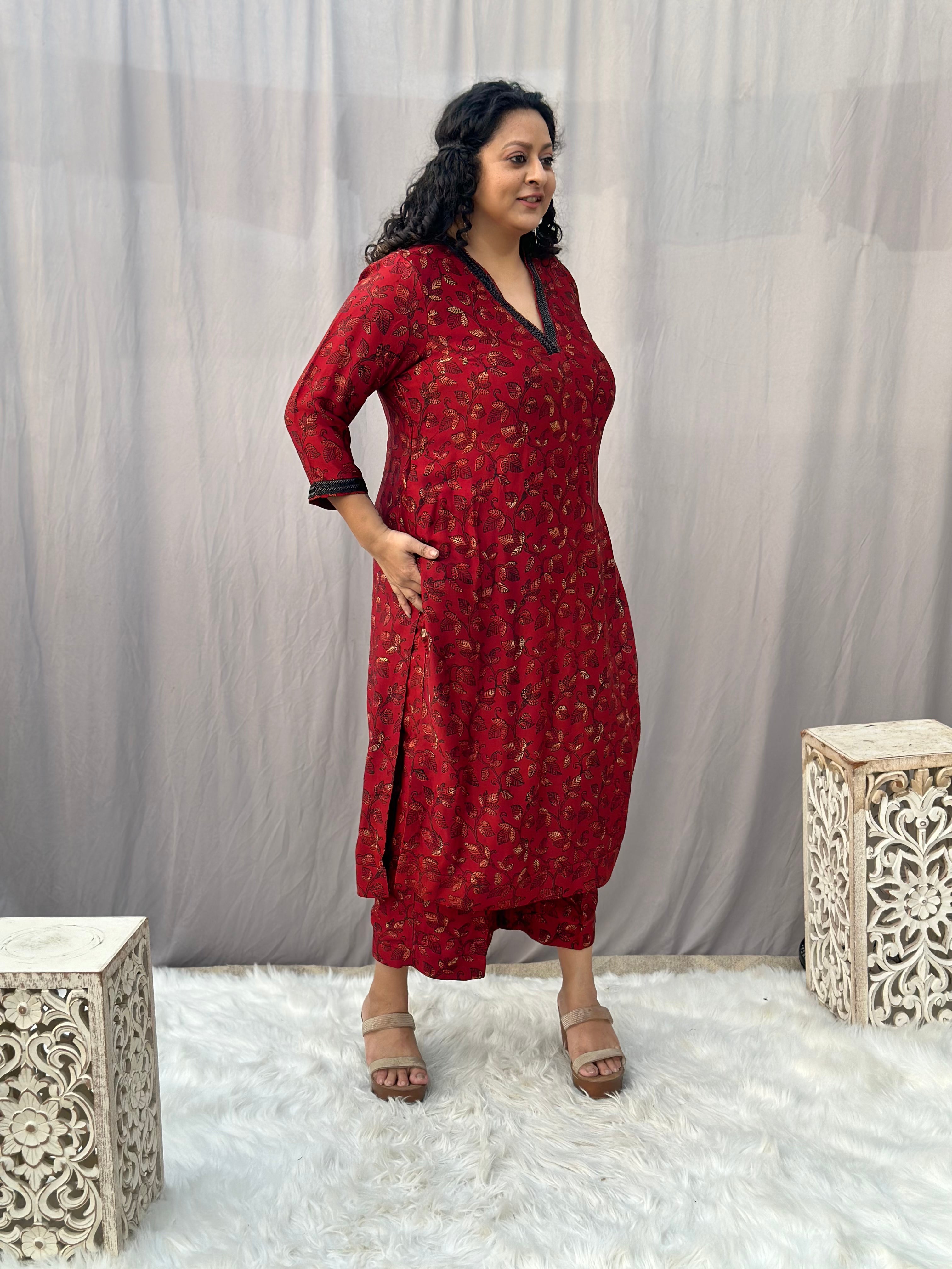 Red Ajrakh Modal Silk Handblock Print Kurta Pant Set