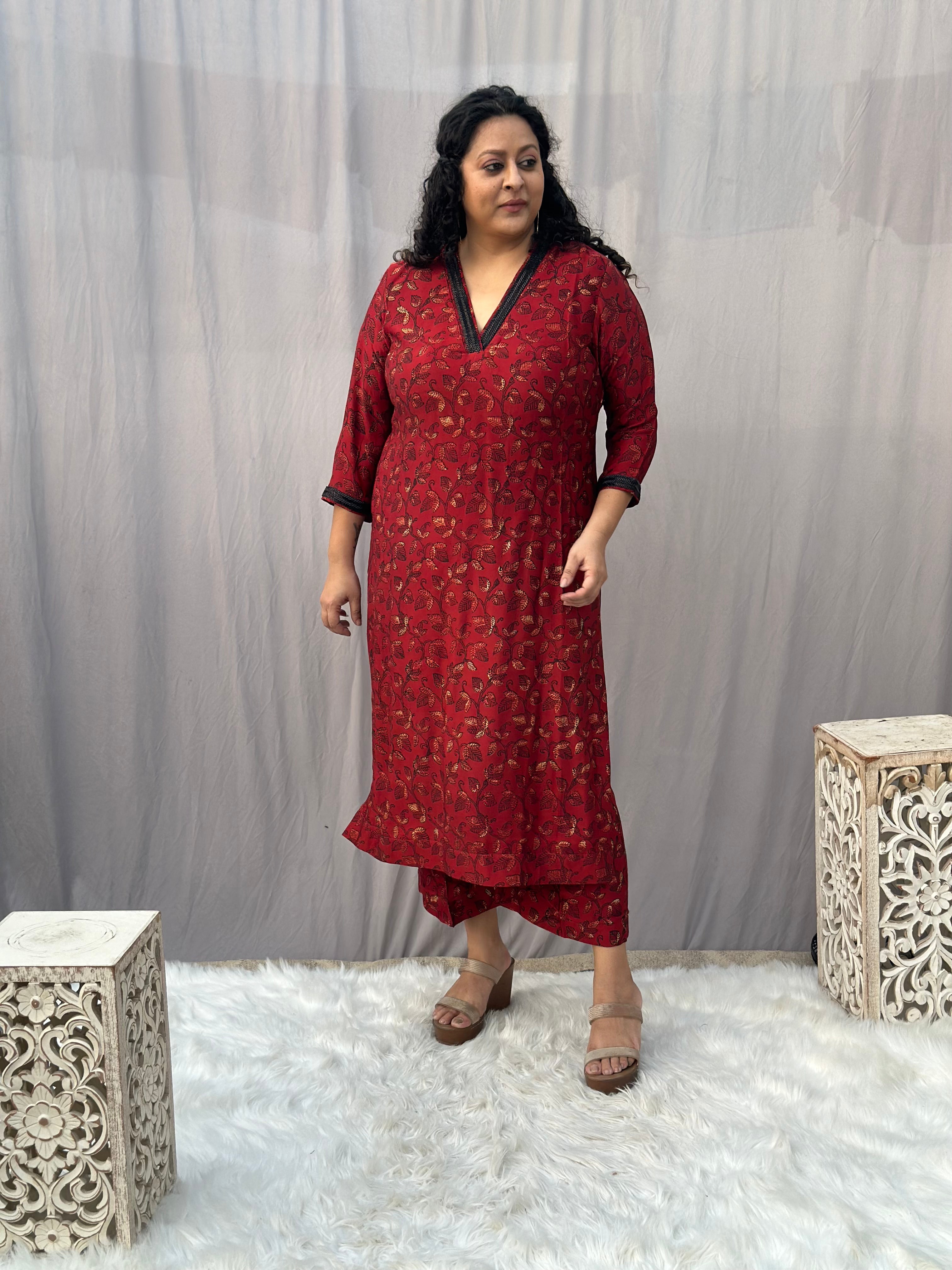 Red Ajrakh Modal Silk Handblock Print Kurta Pant Set