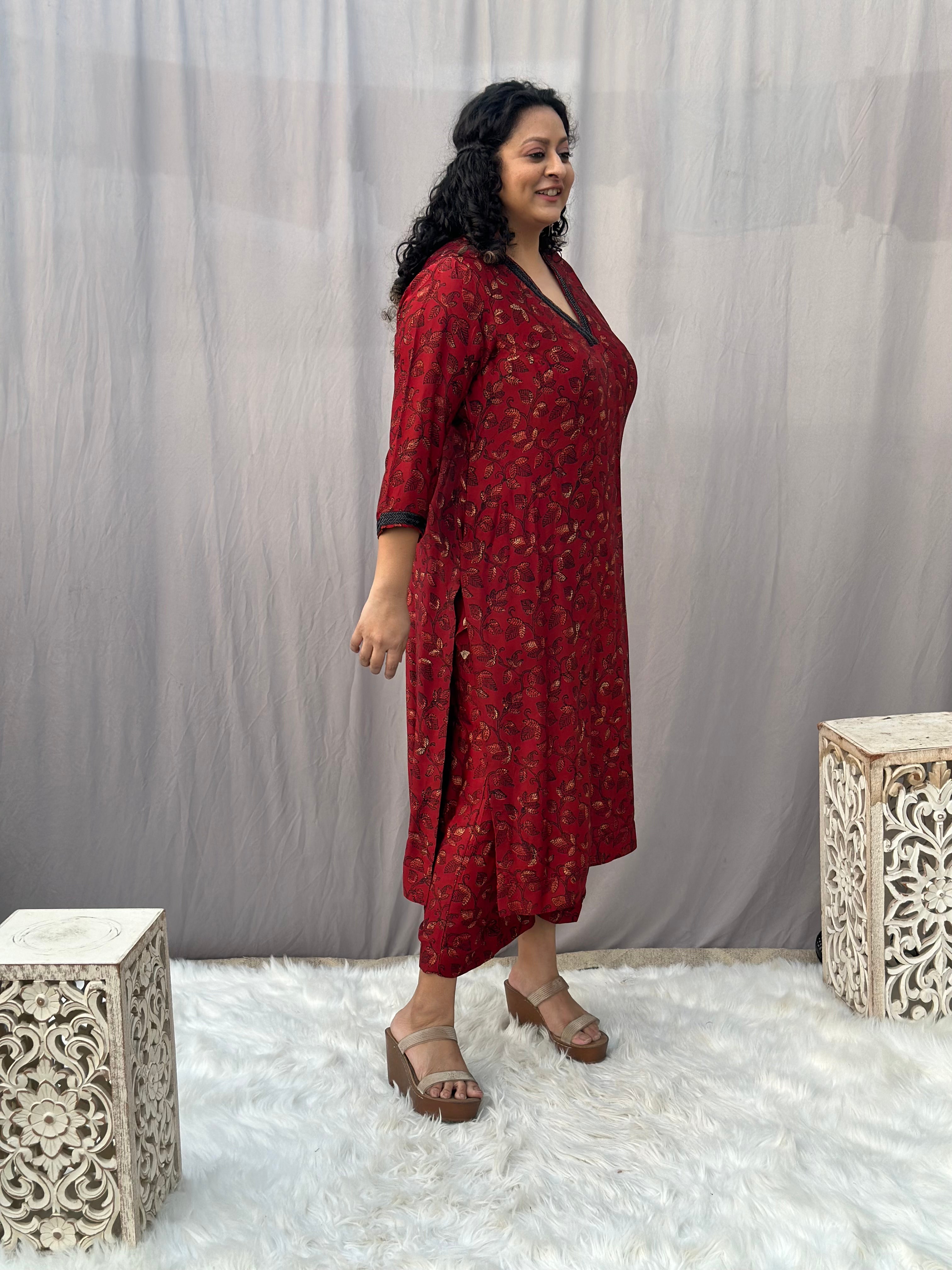 Red Ajrakh Modal Silk Handblock Print Kurta Pant Set