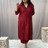 Red Ajrakh Modal Silk Handblock Print Kurta Pant Set