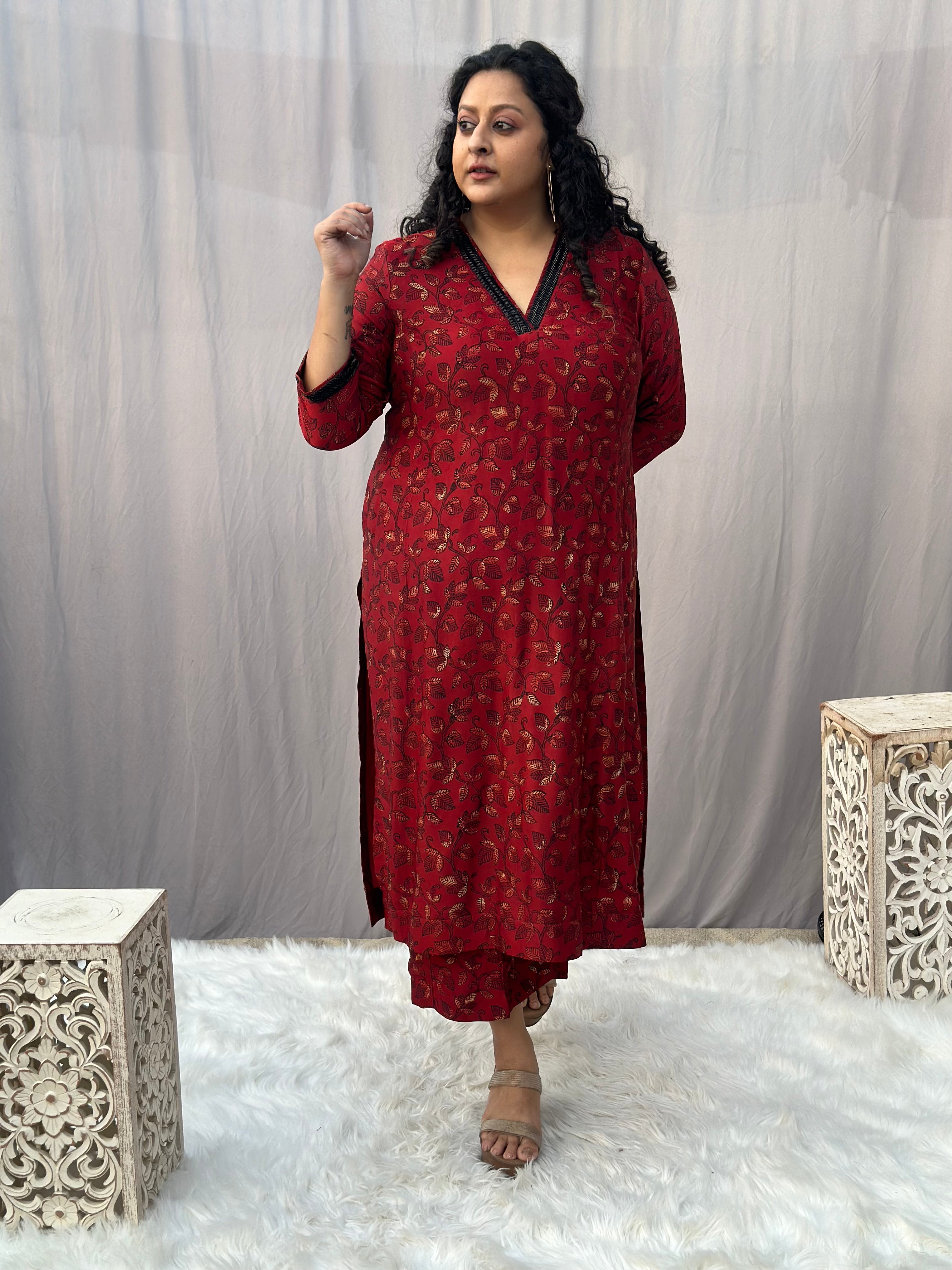 Red Ajrakh Modal Silk Handblock Print Kurta Pant Set