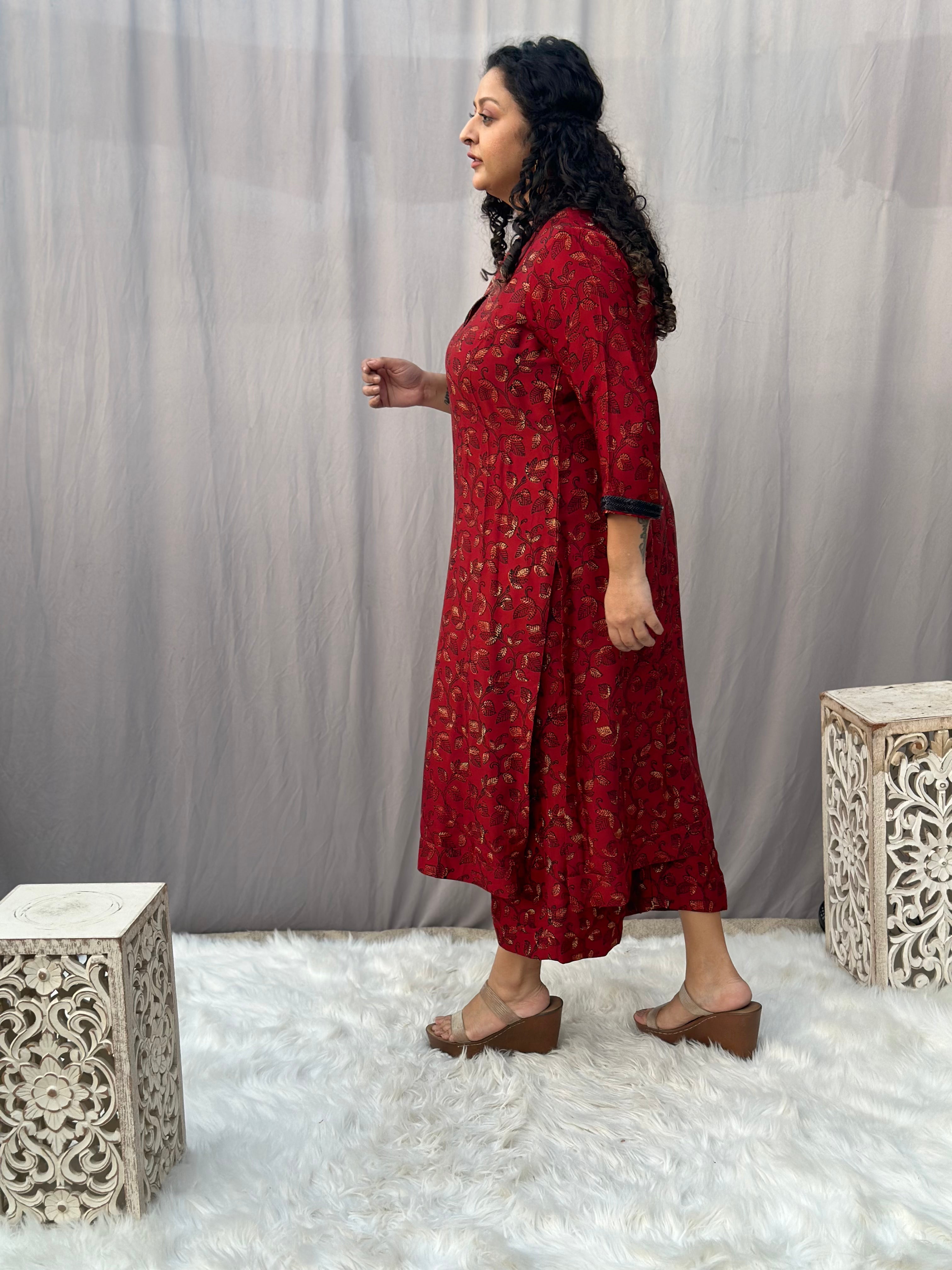 Red Ajrakh Modal Silk Handblock Print Kurta Pant Set