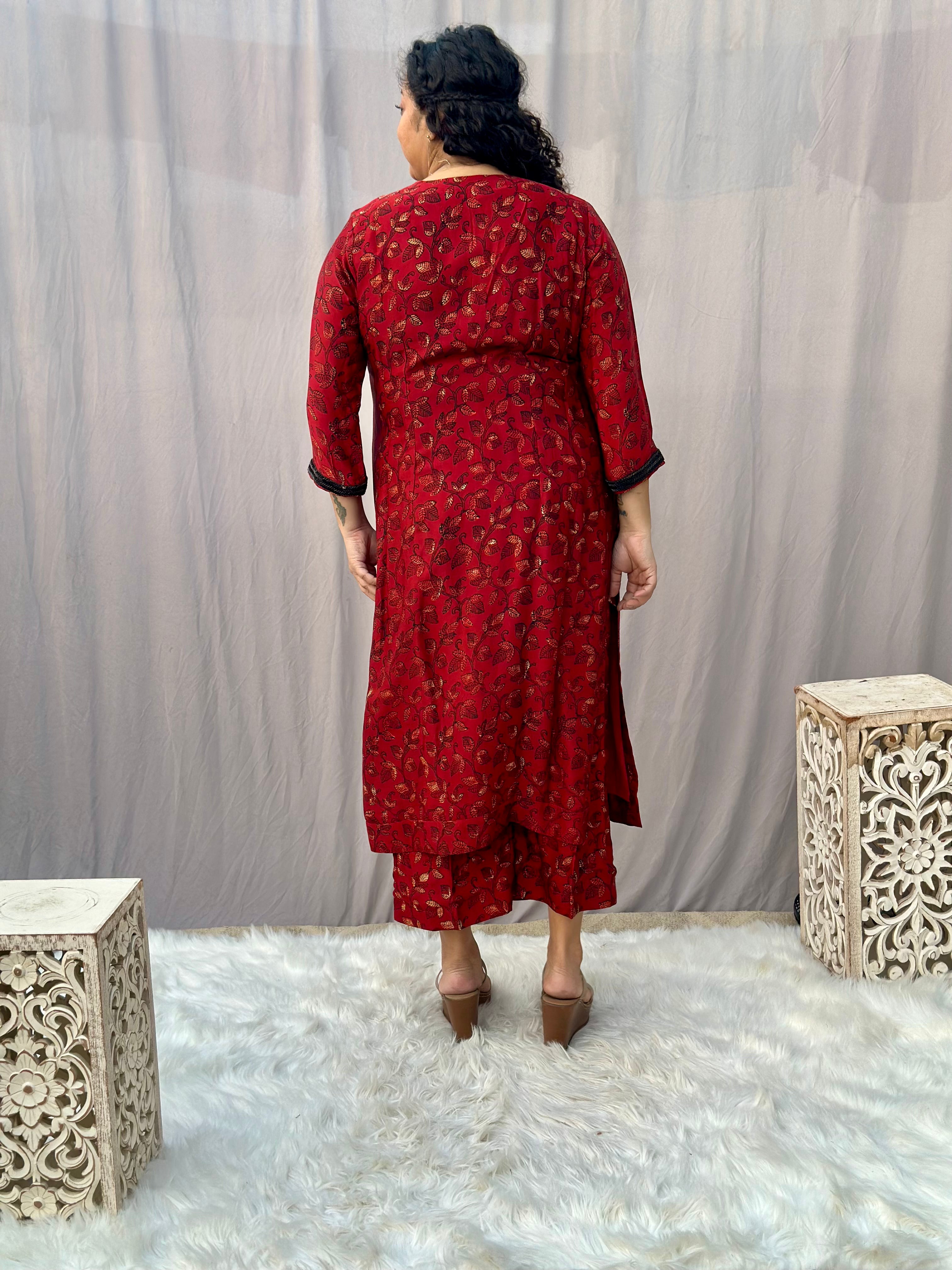 Red Ajrakh Modal Silk Handblock Print Kurta Pant Set