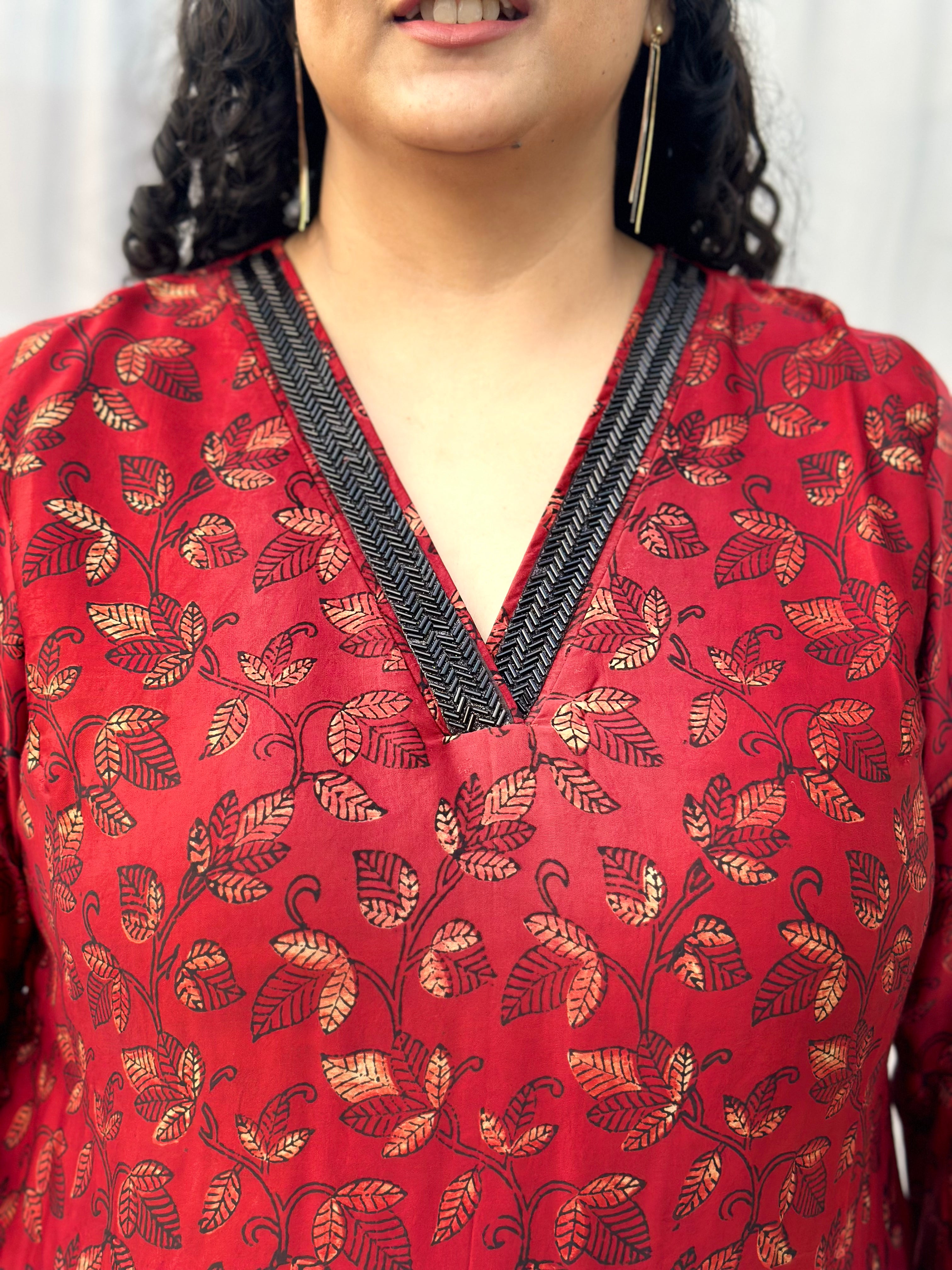 Red Ajrakh Modal Silk Handblock Print Kurta Pant Set