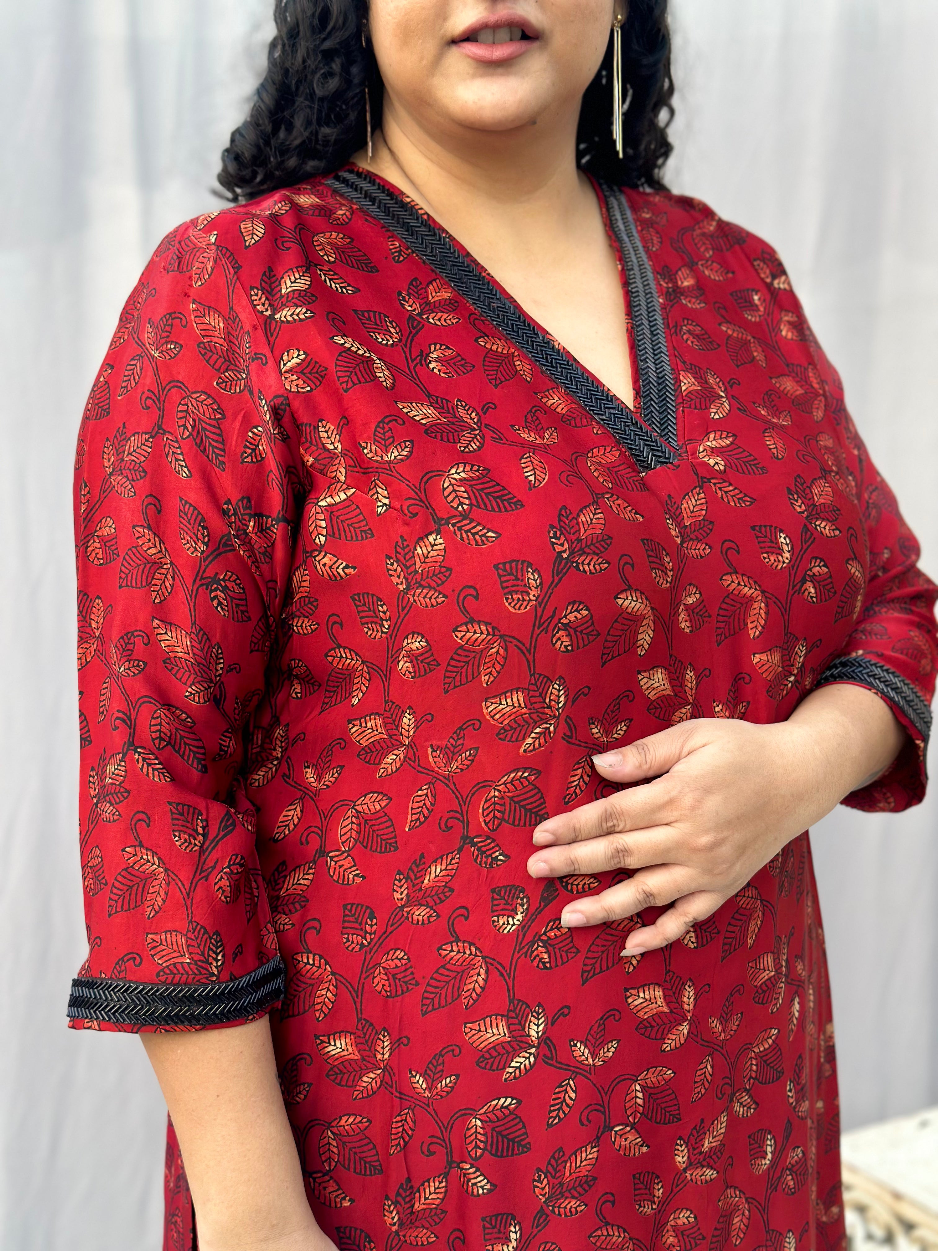 Red Ajrakh Modal Silk Handblock Print Kurta Pant Set
