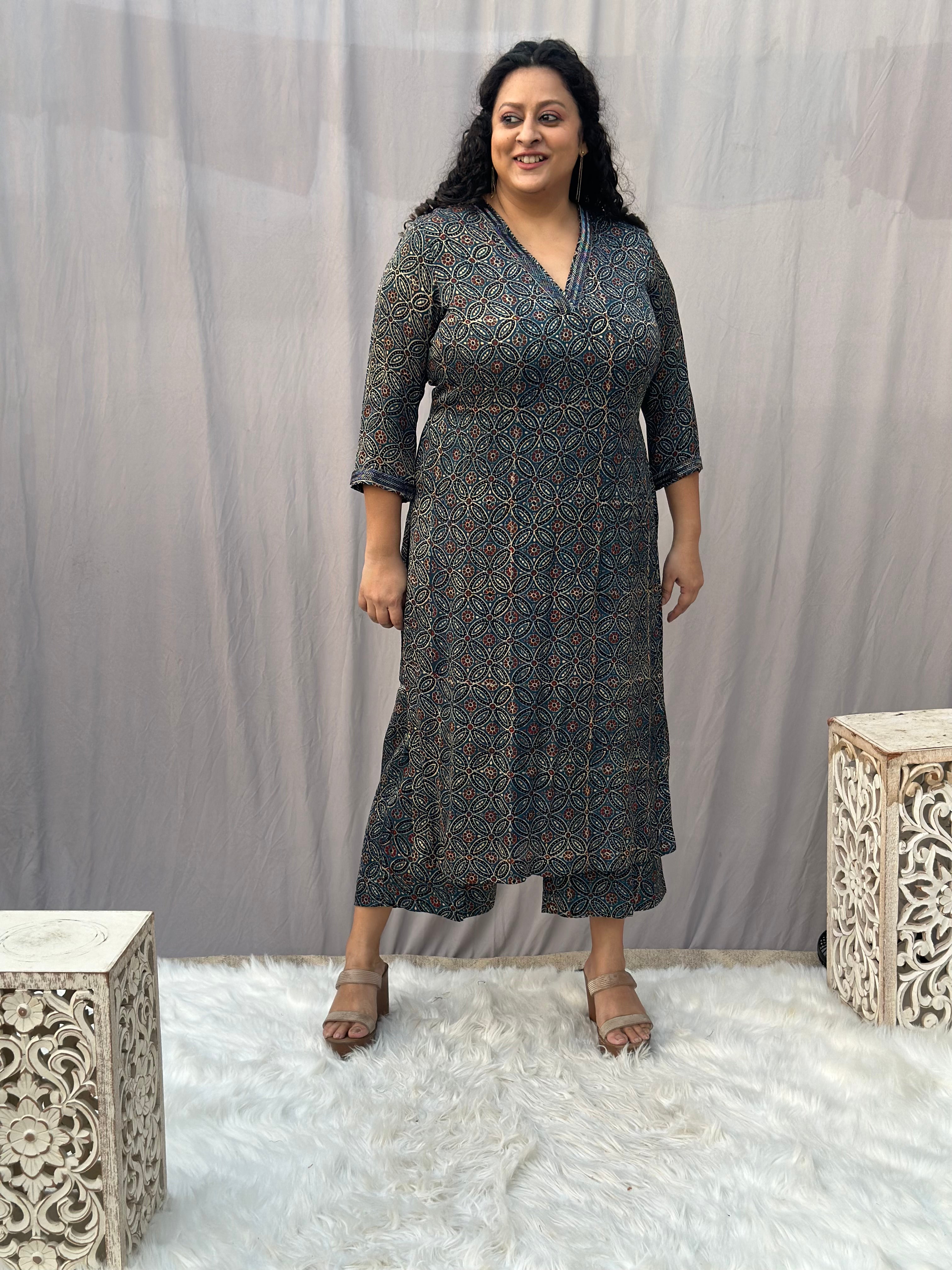 Indigo Ajrakh Floral Modal Silk Handblock Print Kurta Pant Set