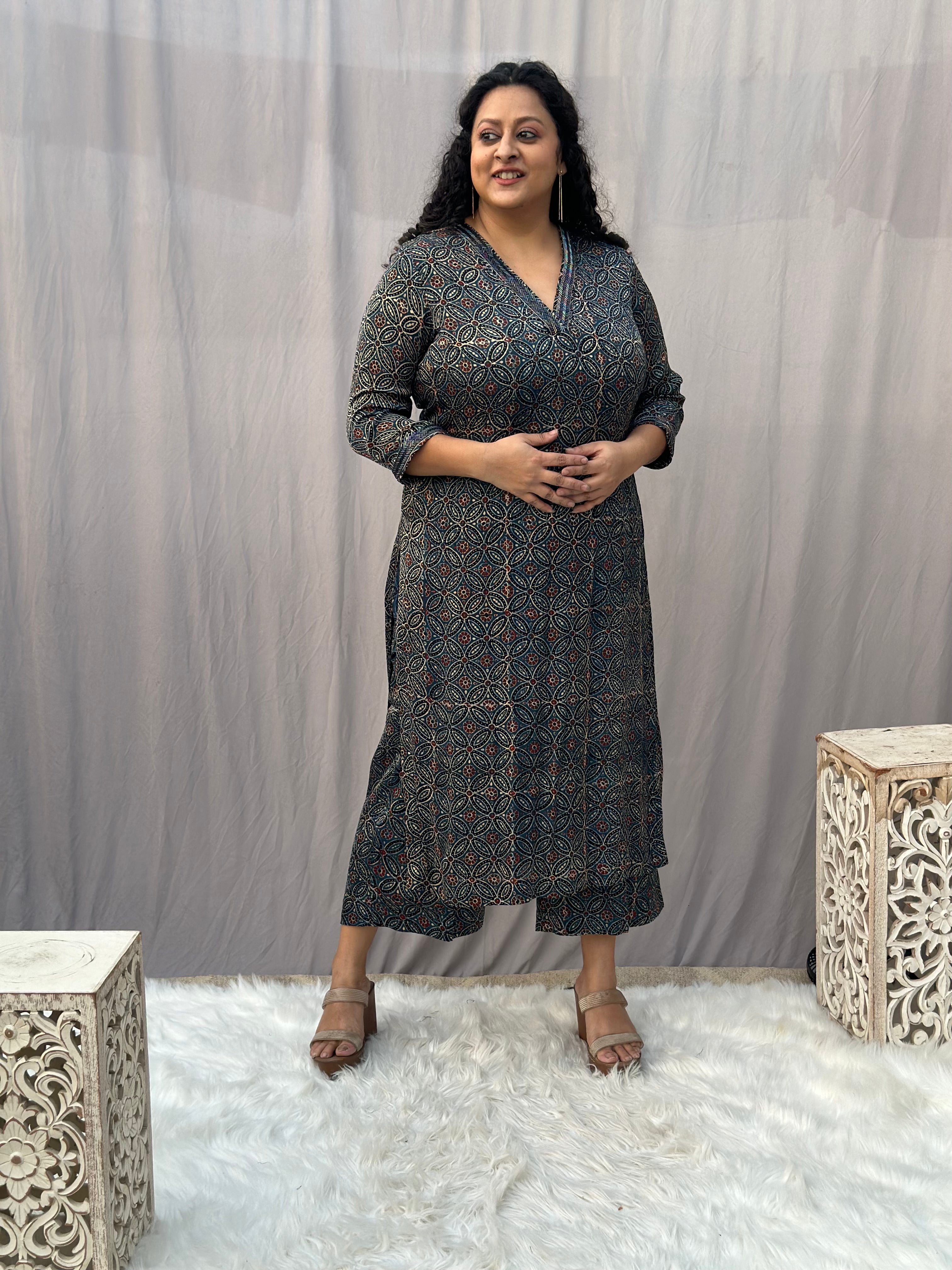 Indigo Ajrakh Floral Modal Silk Handblock Print Kurta Pant Set