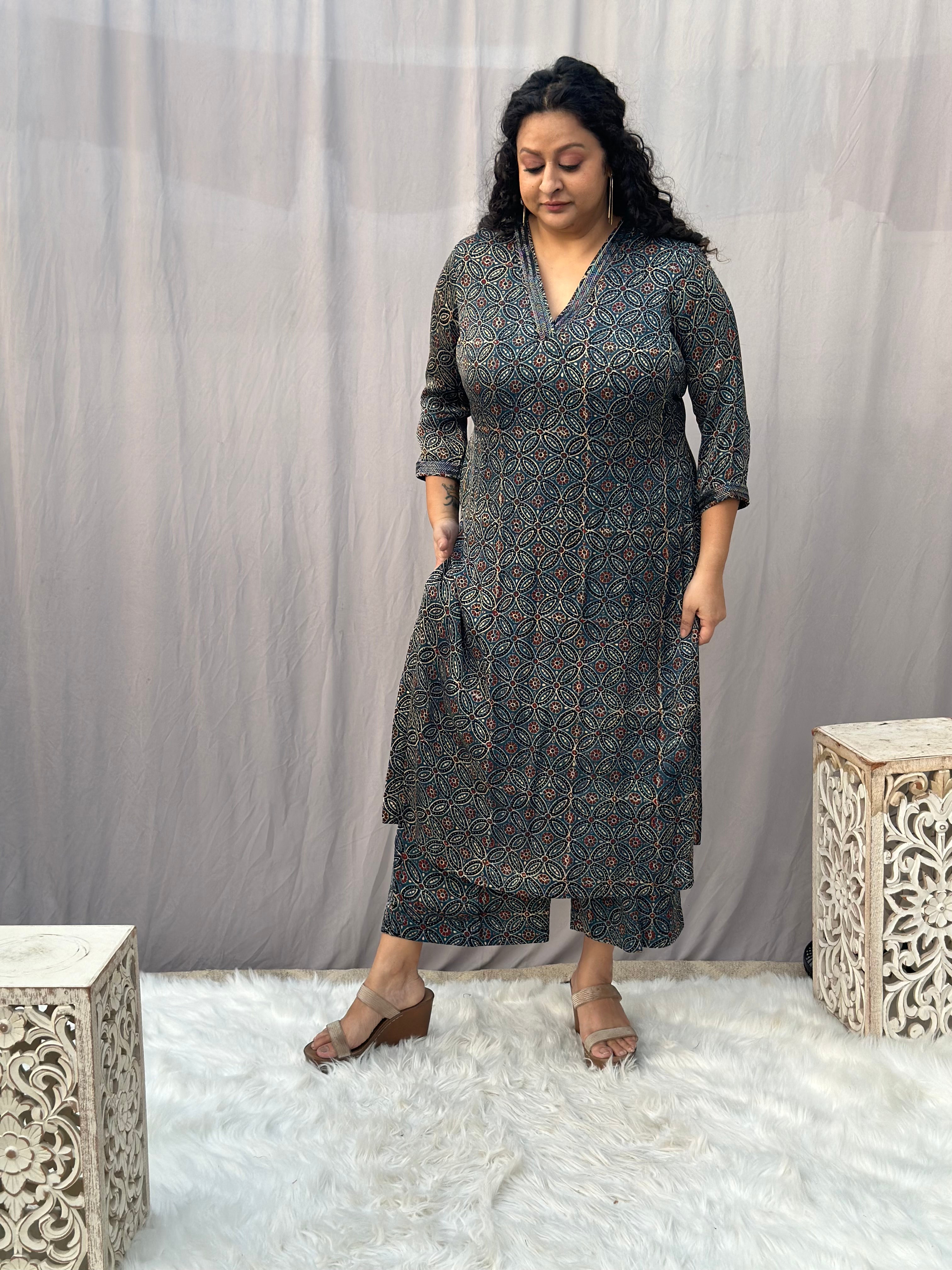 Indigo Ajrakh Floral Modal Silk Handblock Print Kurta Pant Set