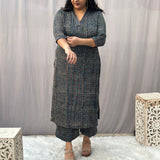 Indigo Ajrakh Floral Modal Silk Handblock Print Kurta Pant Set
