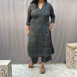 Indigo Ajrakh Floral Modal Silk Handblock Print Kurta Pant Set