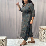 Indigo Ajrakh Floral Modal Silk Handblock Print Kurta Pant Set