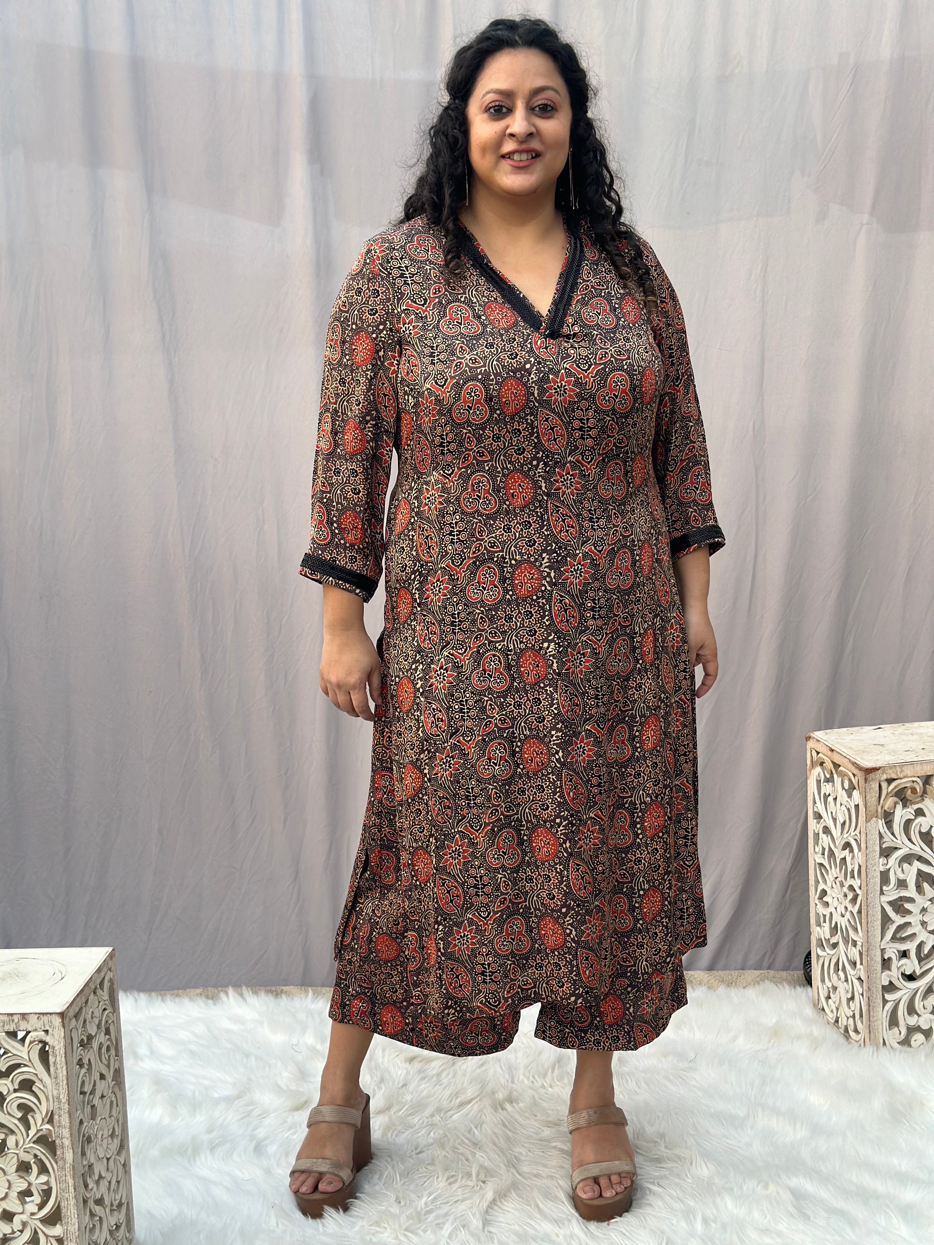 Brown Ajrahk Floral Modal Silk Handblock Print Kurta Pant set