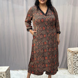 Brown Ajrahk Floral Modal Silk Handblock Print Kurta Pant set